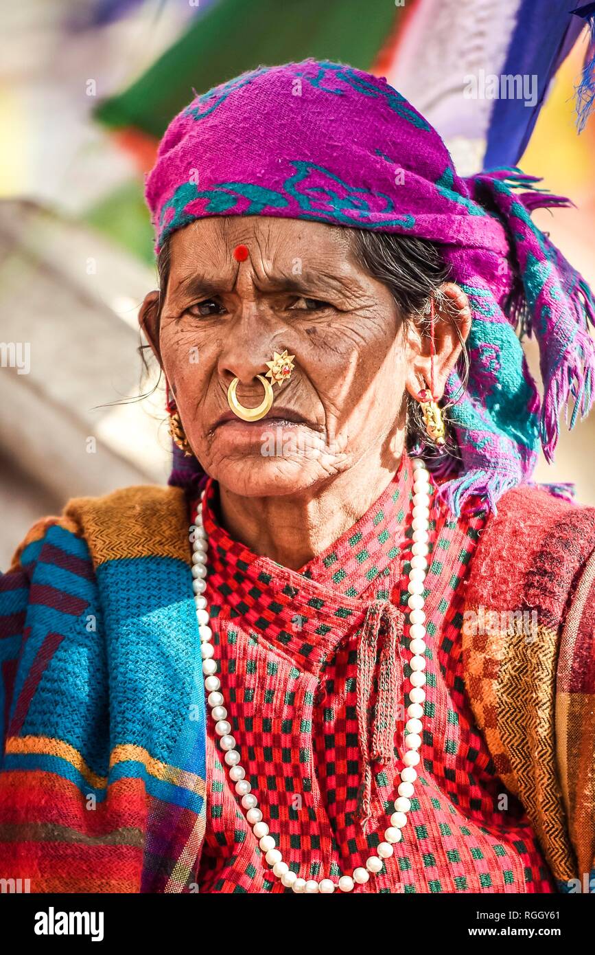 Femme avec anneau dans le nez, Katmandou, Népal Banque D'Images