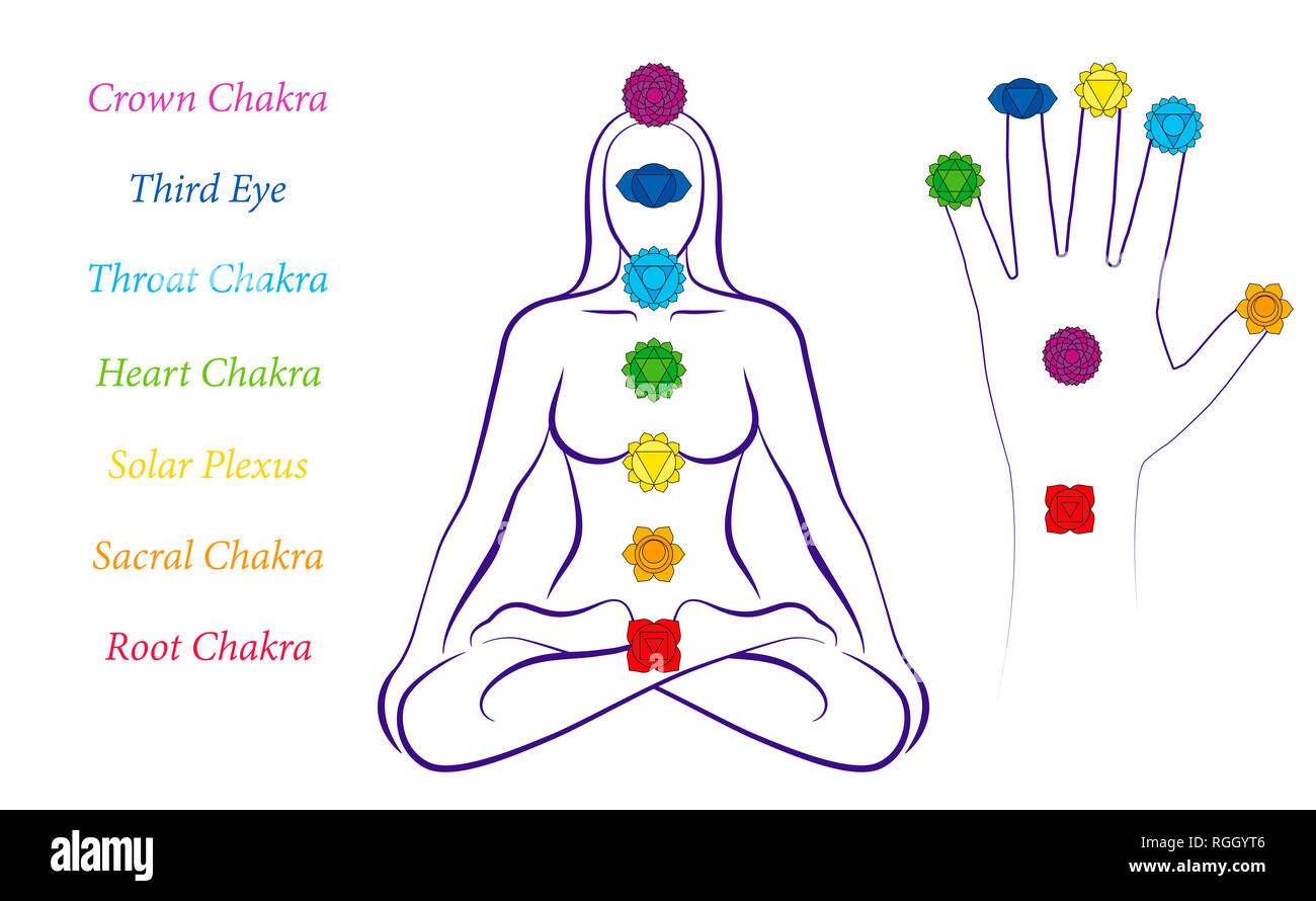 Corps et chakras la main d'une femme - Illustration d'une femme en position de yoga méditation avec les sept chakras principaux et leurs noms. Banque D'Images