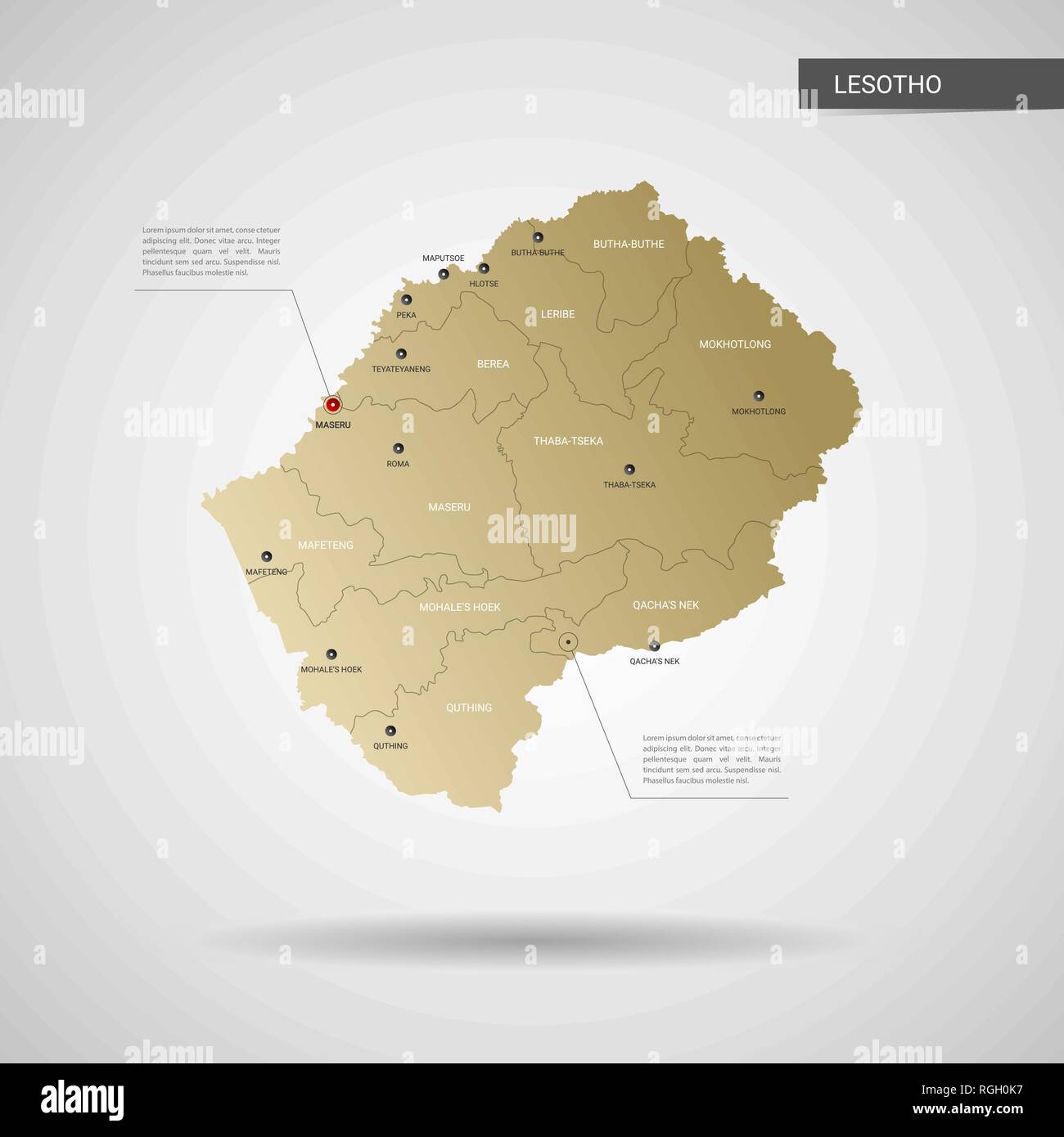 Le Lesotho vecteur stylisé site. L'infographie 3d gold site illustration avec les villes, les frontières, les capitaux, les divisions administratives et de l'aiguille, les marques de l'ombre ; Illustration de Vecteur