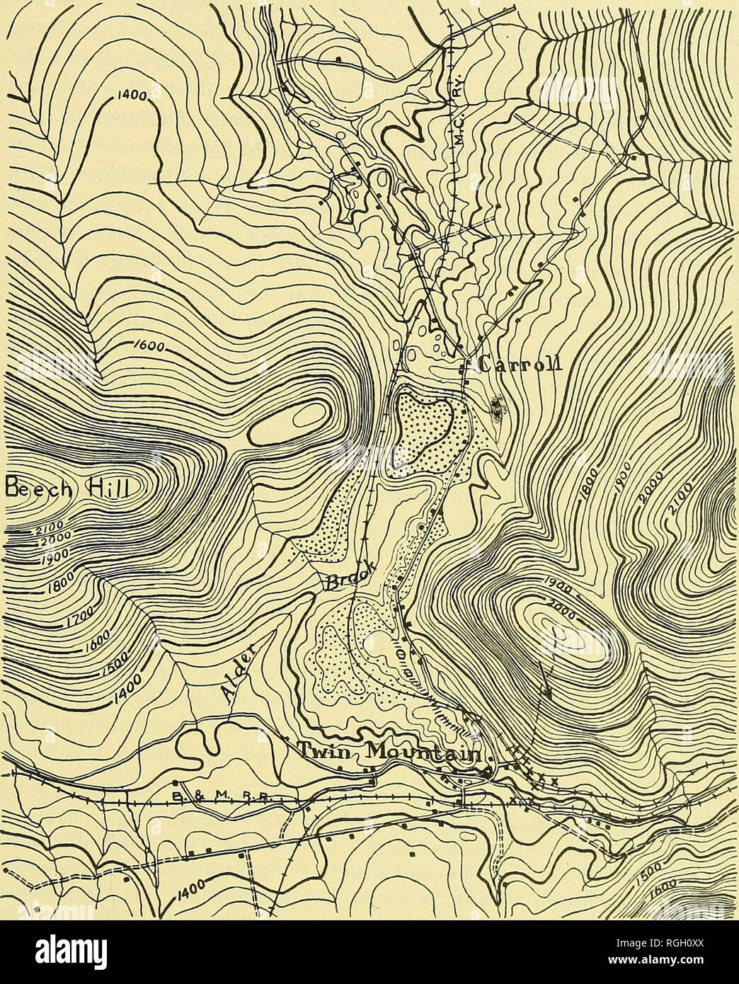. Bulletin de la Société géologique d'Amérique. La géologie. Champ 281 MORAINE CARROLL. Échelle : UN K4 | (  e. Intervalle de contour, de 20 pieds. '&Amp ;&amp ;" :&amp ; Surface d'or +dépôts wosb "*&Lt ;'"'' %, Esker. x xx Blocs de "Mt tromperie"granit. Les stries glaciaires Figure 1.-outivash 1728-1816 District, montrant les dépôts des Whitefield Quadrangle, United States Geological Survey. Veuillez noter que ces images sont extraites de la page numérisée des images qui peuvent avoir été retouchées numériquement pour plus de lisibilité - coloration et l'aspect de ces illustrations ne peut pas parfaitement ressembler au Banque D'Images