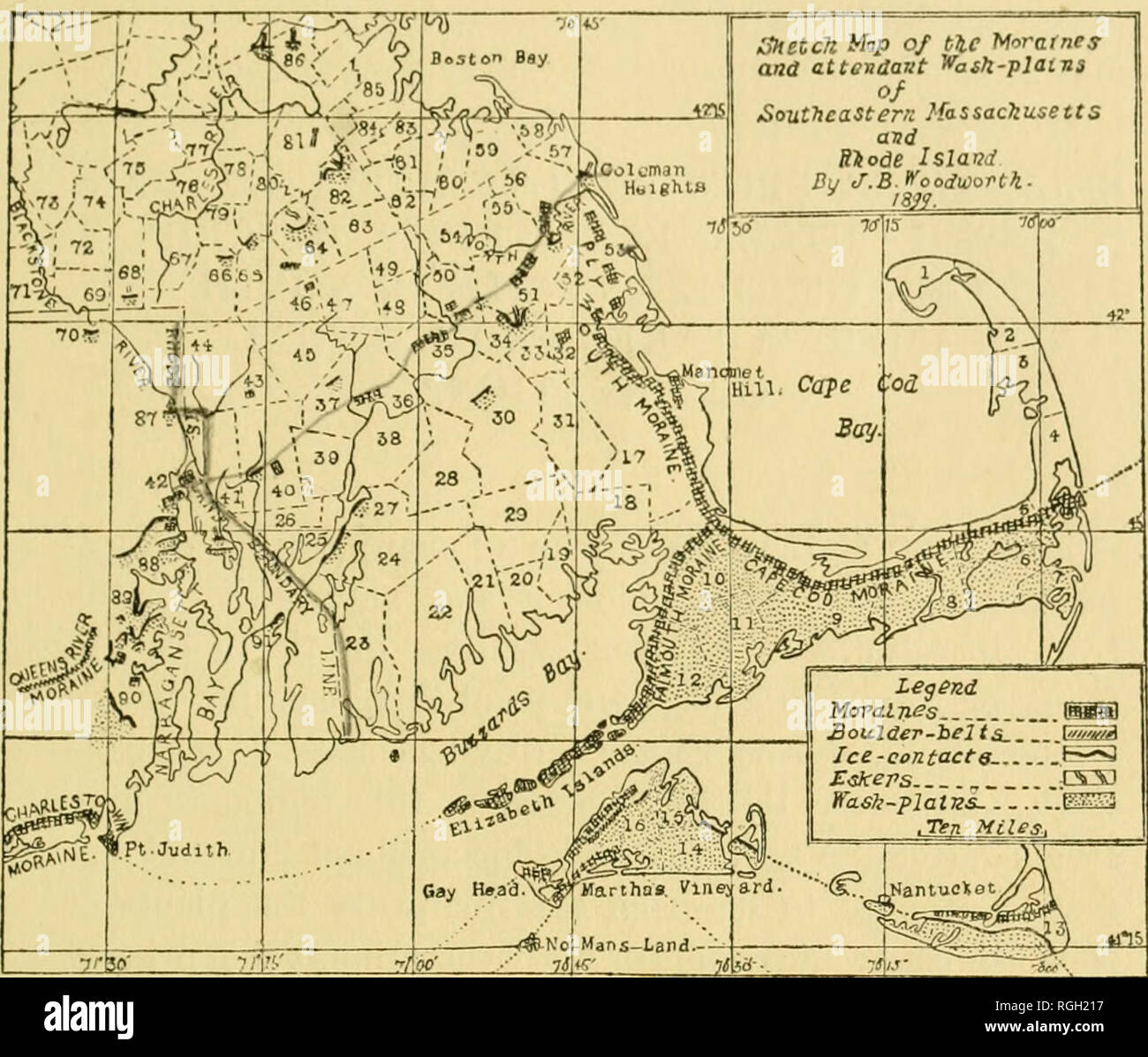 . Bulletin de l'Institut d'Essex. L'Essex Institute ; histoire naturelle -- Périodiques ; Essex Comté (Massachusetts). ) -- Histoire des périodiques. Quelques GLAOTAT. Lavez-PLAINES. 119. Explication DE LA CARTE DE LA FIGURE 3). 7. Les numéros renvoient aux communes. Ceux qui sont mentionnés dans le texte sont les suivantes : 5, à l'est de Brewster, qui se trouve à Orléans ; 6, 7 ; d'Harwich, Chatham ; 8, Dennis, à l'ouest de Yarmouth, qui est 9, comté ; 10, 11 ; Sandwich Mashpee, ; 12, 13 ; de Falmouth, Nantucket ; 14, Edgar- ville ; 15, 16 ; Cottage City, North Tisbury ; 17, Plymouth, 24, Fall River ; 27, 28 ; de Freetown, Lakeville ; 30, 33 ; Middleboro, Plyrapton ; 32, Kingston ; 34, Ha Banque D'Images . Bulletin de l'Institut d'Essex. L'Essex Institute ; histoire naturelle -- Périodiques ; Essex Comté (Massachusetts). ) -- Histoire des périodiques. Quelques GLAOTAT. Lavez-PLAINES. 119. Explication DE LA CARTE DE LA FIGURE 3). 7. Les numéros renvoient aux communes. Ceux qui sont mentionnés dans le texte sont les suivantes : 5, à l'est de Brewster, qui se trouve à Orléans ; 6, 7 ; d'Harwich, Chatham ; 8, Dennis, à l'ouest de Yarmouth, qui est 9, comté ; 10, 11 ; Sandwich Mashpee, ; 12, 13 ; de Falmouth, Nantucket ; 14, Edgar- ville ; 15, 16 ; Cottage City, North Tisbury ; 17, Plymouth, 24, Fall River ; 27, 28 ; de Freetown, Lakeville ; 30, 33 ; Middleboro, Plyrapton ; 32, Kingston ; 34, Ha Banque D'Images