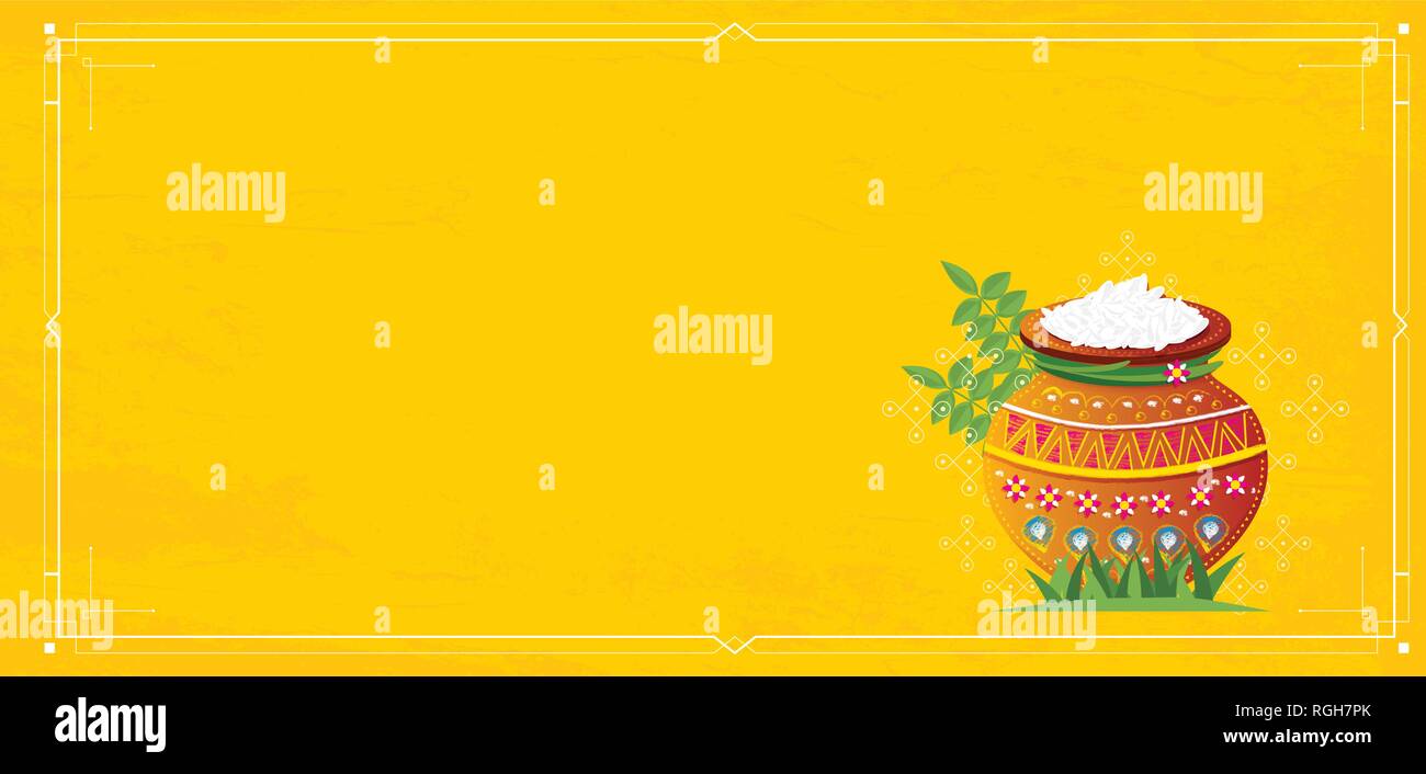 Happy Pongal Fête des récoltes du Tamil Nadu au sud de l'Inde. Vector Illustration. Pot avec de la nourriture. Copie de l'espace pour votre texte. Illustration de Vecteur