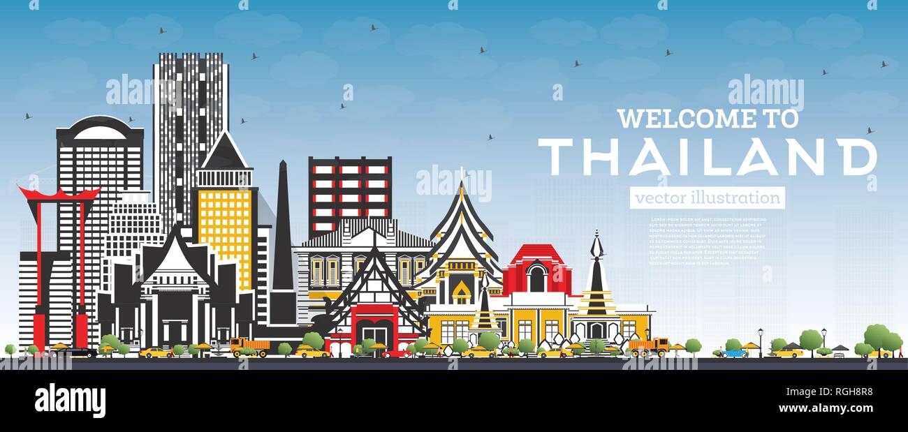 Bienvenue à la Thaïlande sur les toits de la ville avec des bâtiments et de couleur bleu ciel. Vector Illustration. Concept du tourisme avec l'architecture historique. La Thaïlande. Illustration de Vecteur