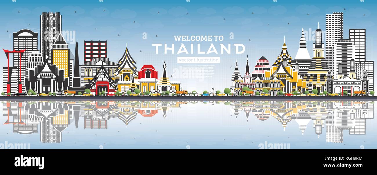 Bienvenue à la Thaïlande sur les toits de la ville avec des bâtiments de couleur, ciel bleu et des réflexions. Vector Illustration. Concept du tourisme avec l'architecture historique. Illustration de Vecteur