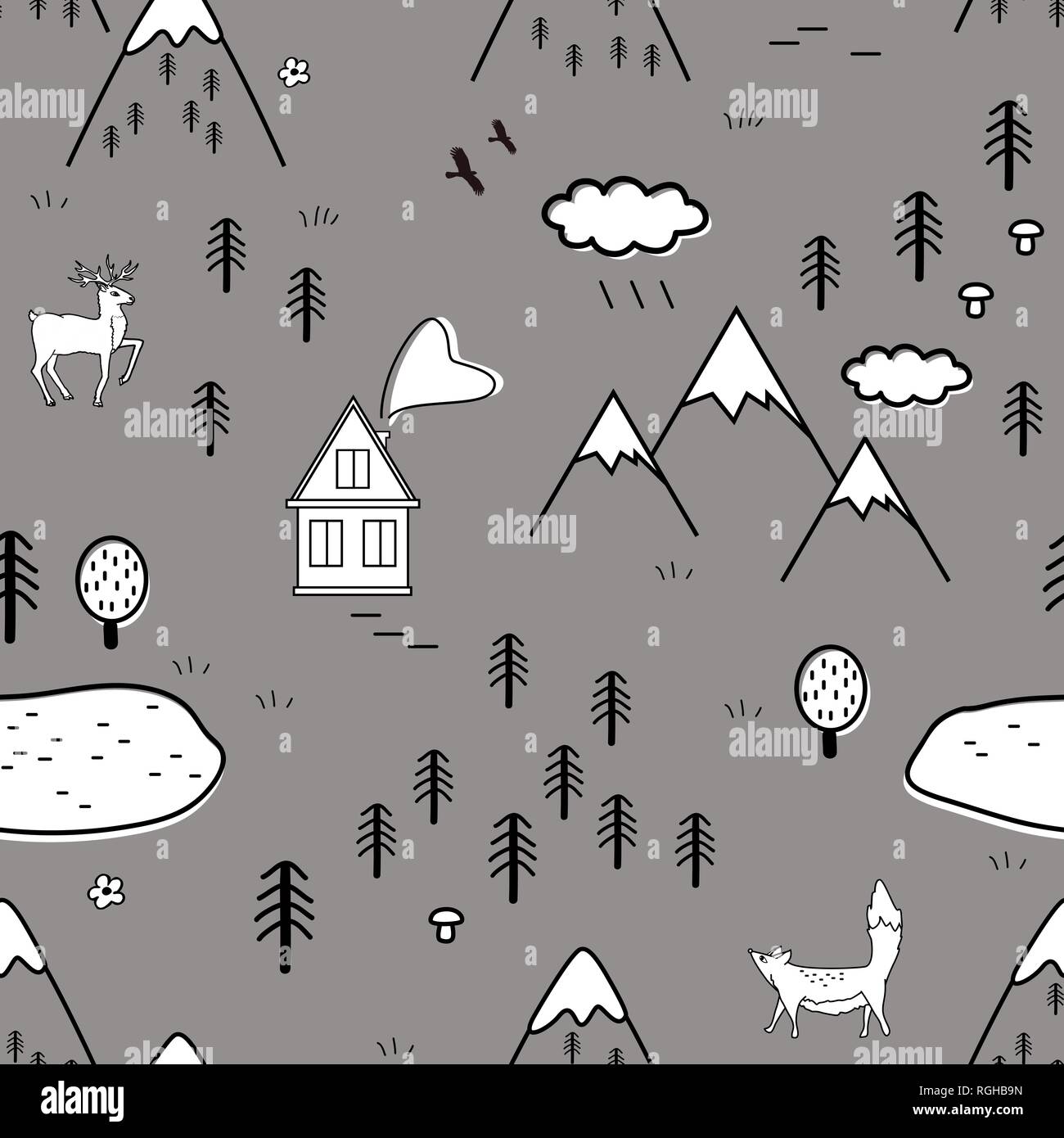 Joli paysage scandinave avec les animaux, les arbres, le lac et les montagnes, une tendance. Les motifs traditionnels de style scandinave. Vecteur. Illustration de Vecteur