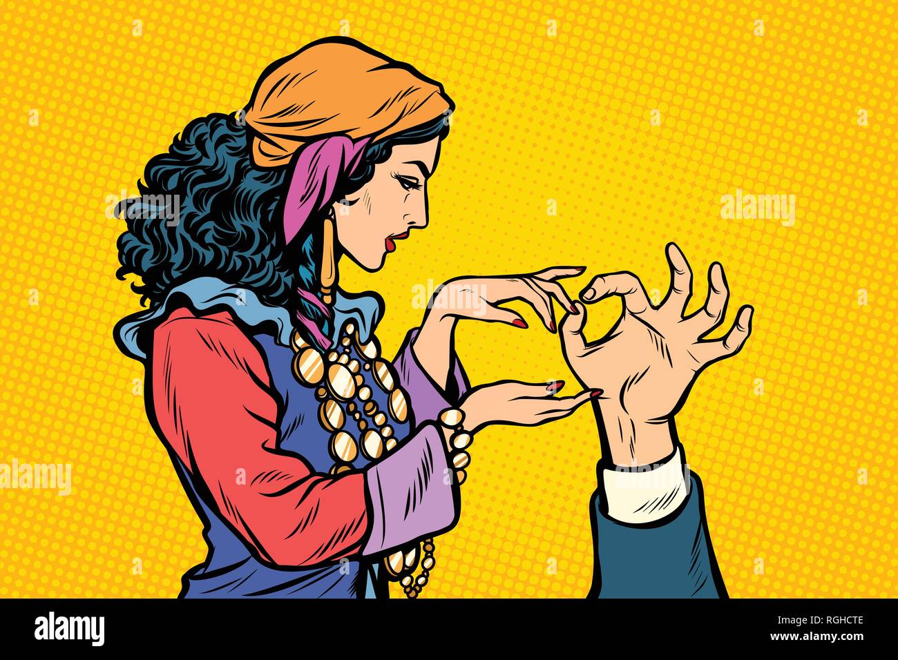 Femme fortune teller gitan. La chiromancie la main. Pop art retro kitsch vintage illustration vectorielle Illustration de Vecteur