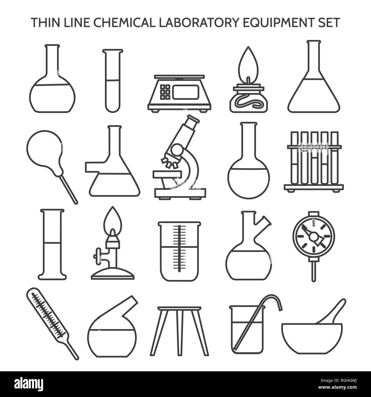 Ligne d'équipement de laboratoire chimique d'icônes. Bécher et flacon, tube à essai et la science de l'autoclave, silhouettes isolées, laboratoire pharmaceutique vector illustration Illustration de Vecteur