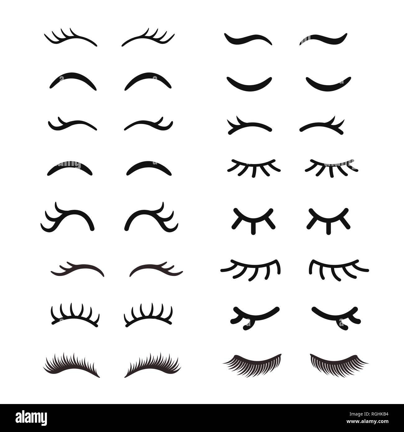Jeu de cute cartoon cils. Dessin à la main ouverte et fermée les yeux. Isolé sur blanc. Illustration de Vecteur