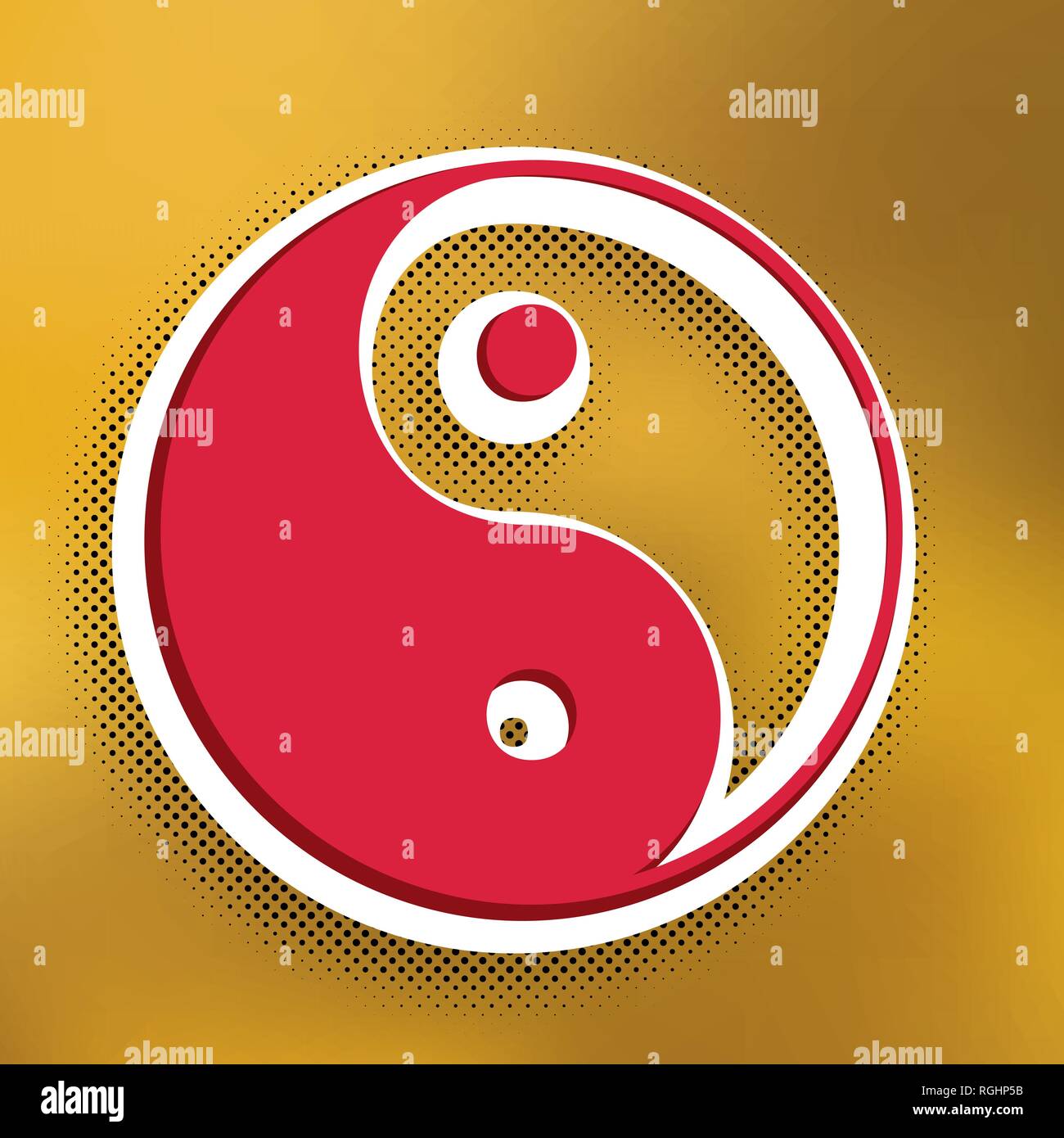 Ying Yang symbole de l'harmonie et l'équilibre. Vecteur. Icône Magenta avec ombre plus foncée, autocollant blanc et noir sur fond doré ombre popart. Illustration de Vecteur