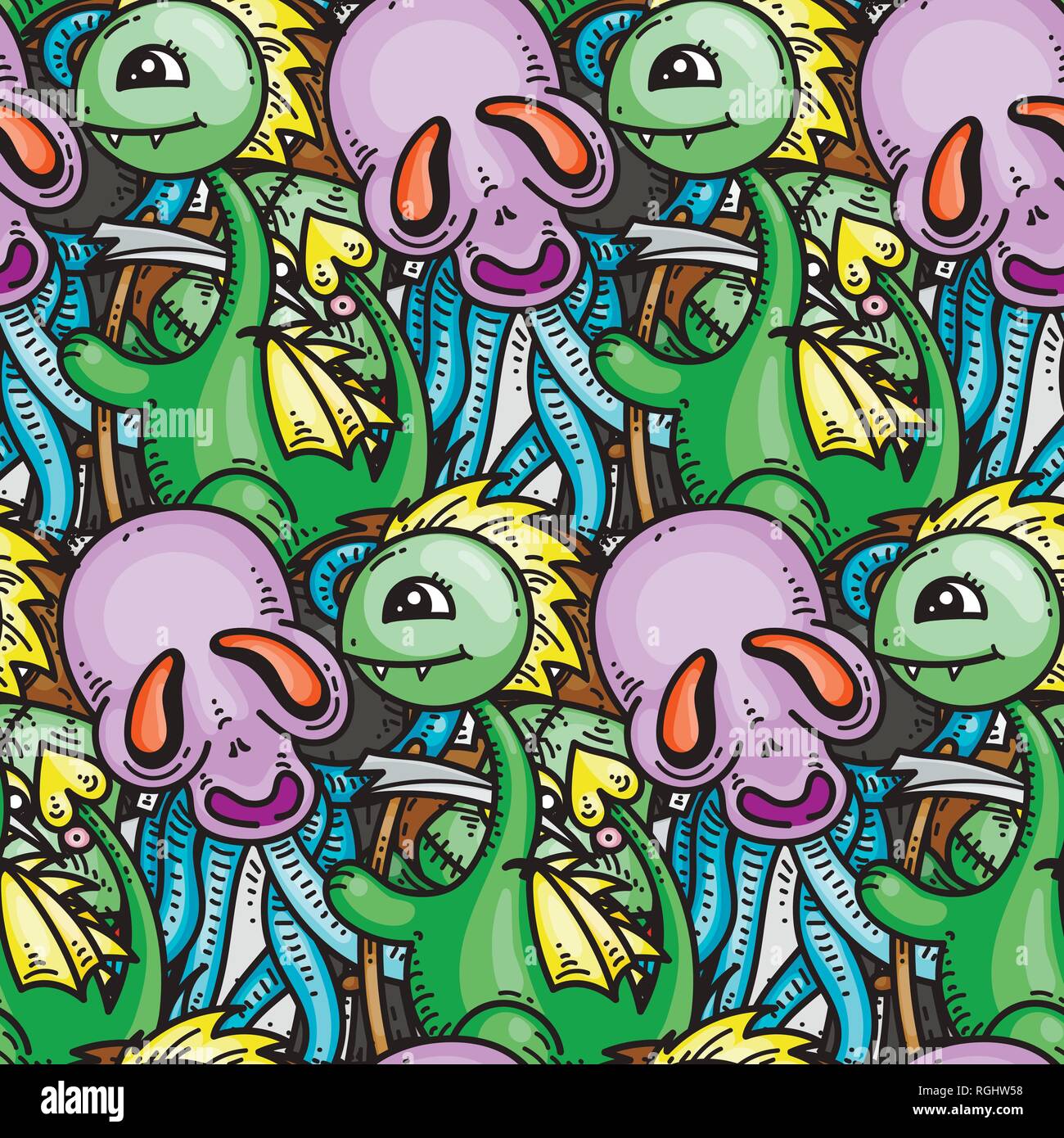 Modèle sans couture avec cute cartoon monstres. Prêt pour l'emballage, du papier d'emballage, d'impression, papier peint, tissu, textile, mode, décoration, etc. Vector Illustration de Vecteur