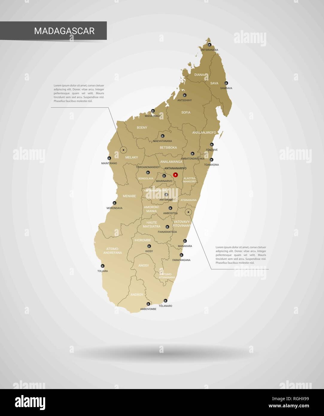 Vecteur stylisé Madagascar carte. L'infographie 3d gold site illustration avec les villes, les frontières, les capitaux, les divisions administratives et les marques de pointeur, shado Illustration de Vecteur