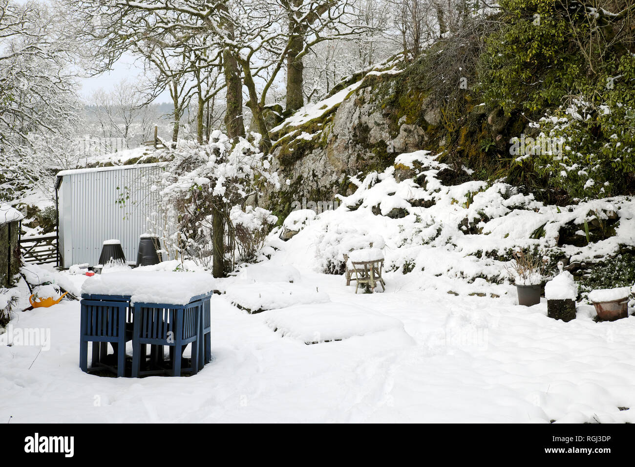 Neige d'hiver et iicicles dans un petit jardin rural en décembre Carmarthenshire West Wales UK Grande-Bretagne KATHY DEWITT Banque D'Images