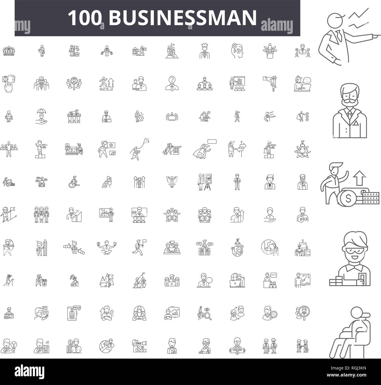 Ligne modifiable homme d'icônes, 100 vector set, collection. Businessman contour noir illustrations, signes, symboles Illustration de Vecteur