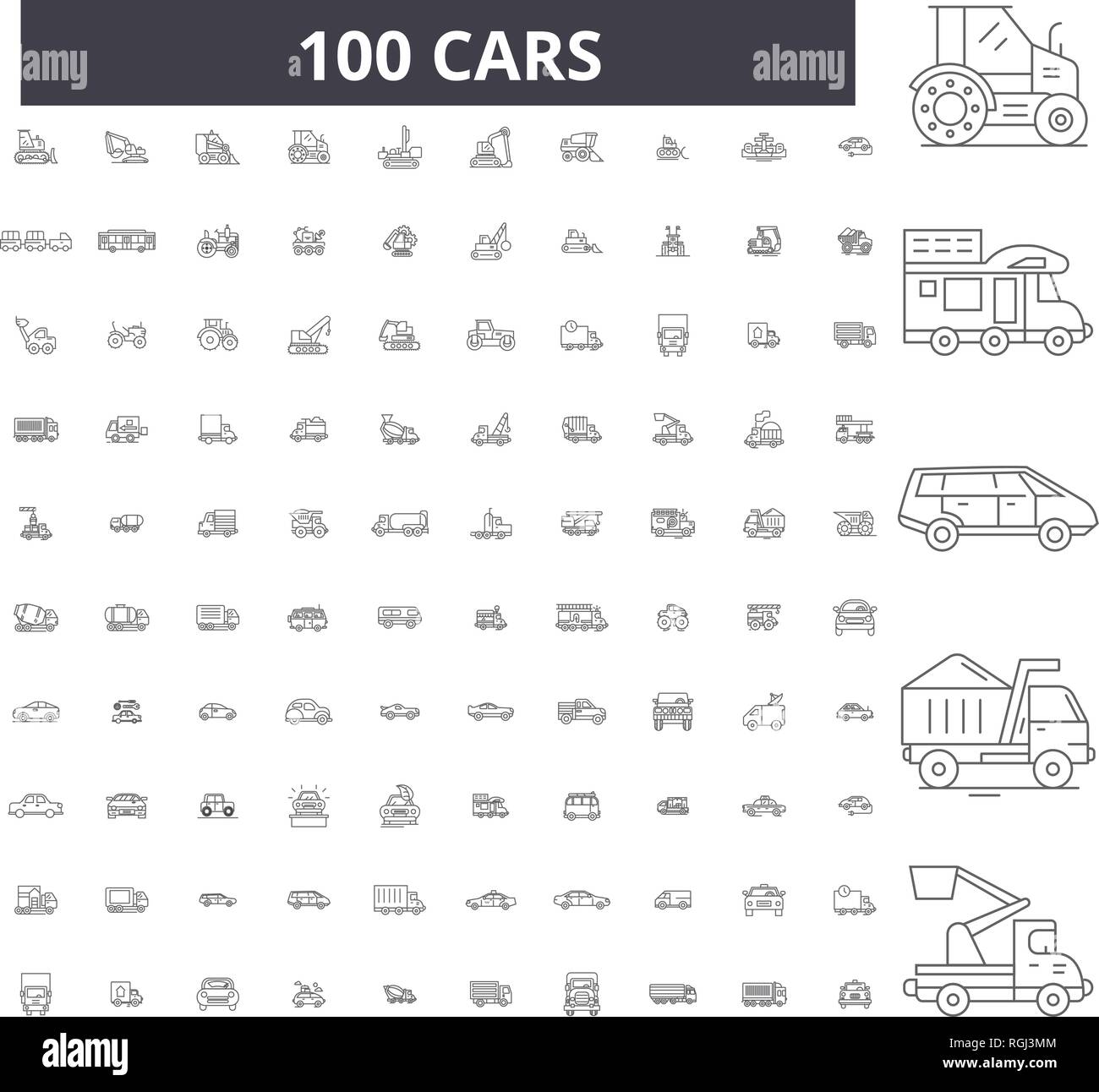 Ligne modifiable voitures icônes, 100 vector set, collection. Voitures contour noir illustrations, signes, symboles Illustration de Vecteur