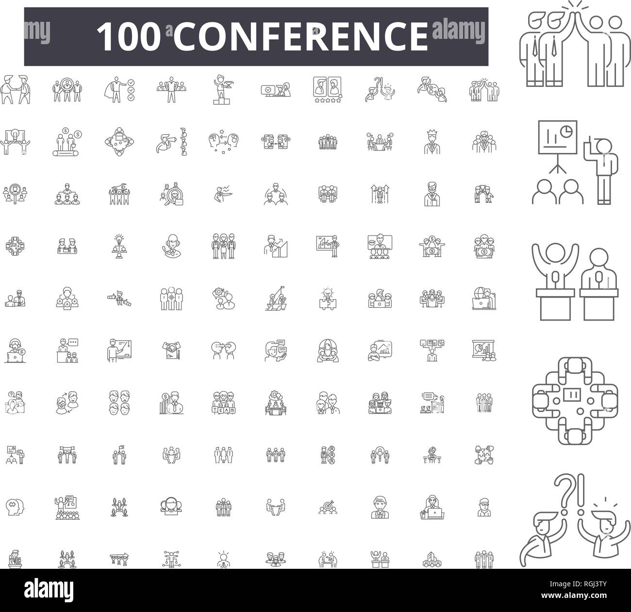 Ligne modifiable conférence, 100 icônes vector set, collection. Contour noir conférence illustrations, signes, symboles Illustration de Vecteur
