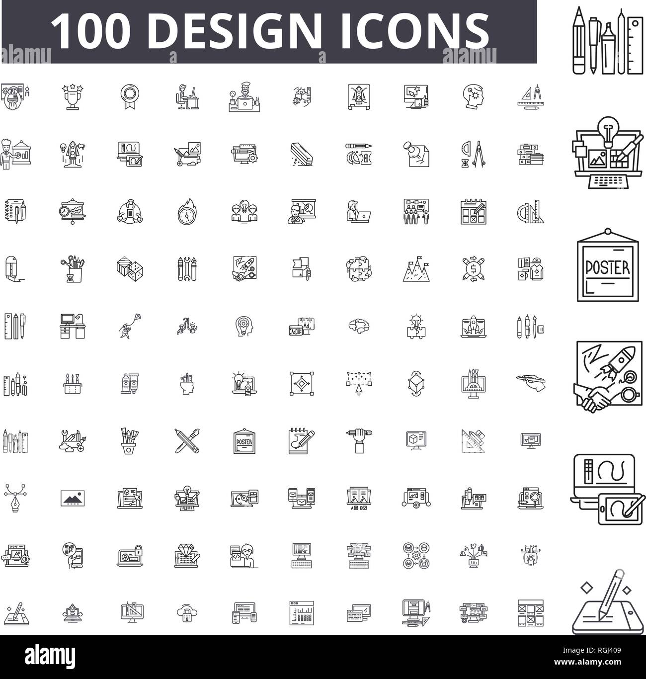 Ligne modifiable Design icônes, 100 vector set, collection. Contour noir Design illustrations, signes, symboles Illustration de Vecteur