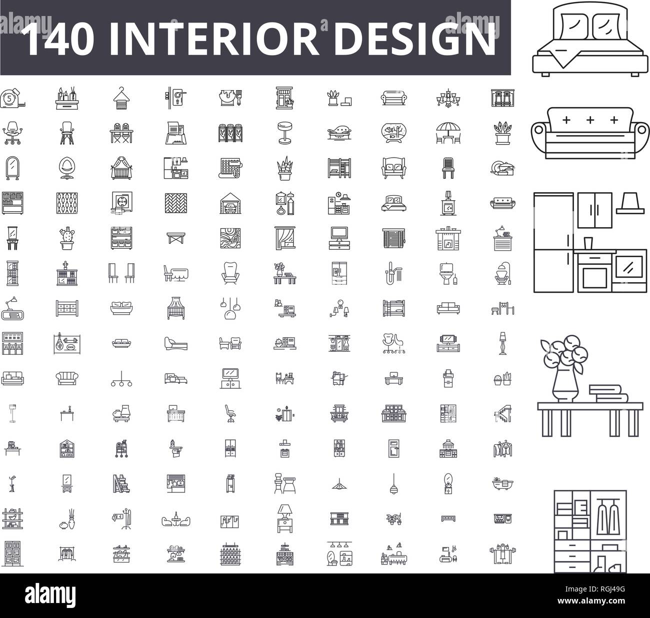 Interior design icônes ligne modifiable, 100 vector set, collection. Interior design contour noir illustrations, signes, symboles Illustration de Vecteur