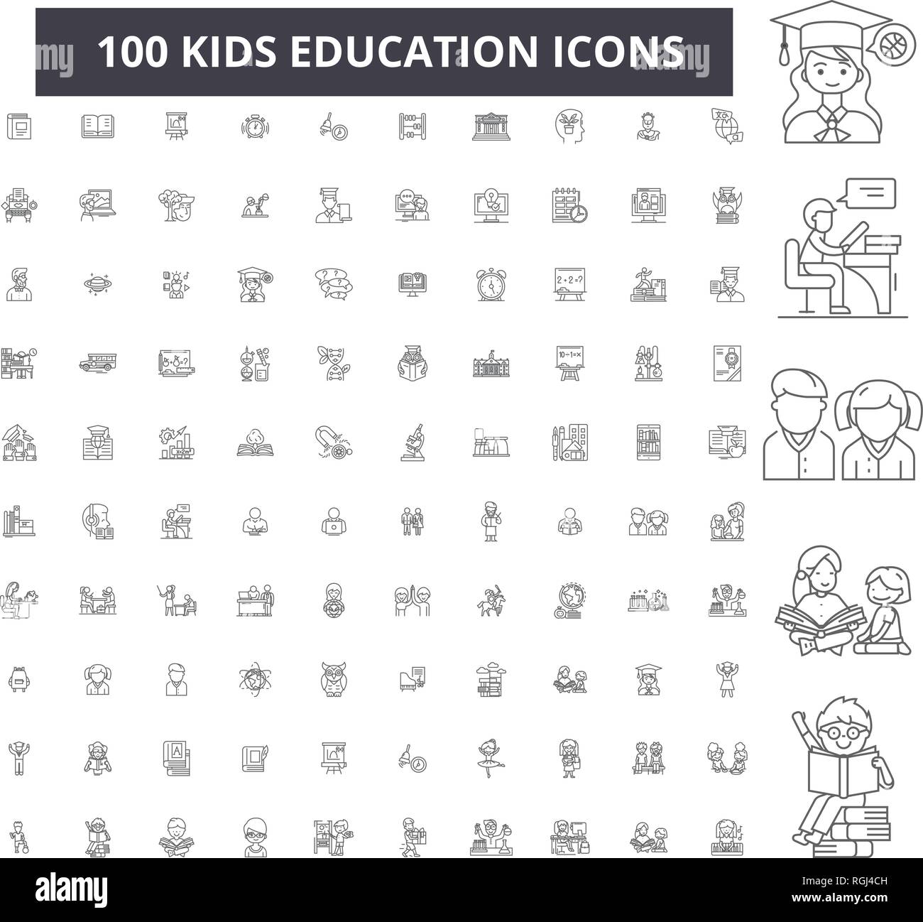 L'éducation des enfants, les icônes de ligne modifiable 100 vector set, collection. Éducation Enfants contour noir illustrations, signes, symboles Illustration de Vecteur