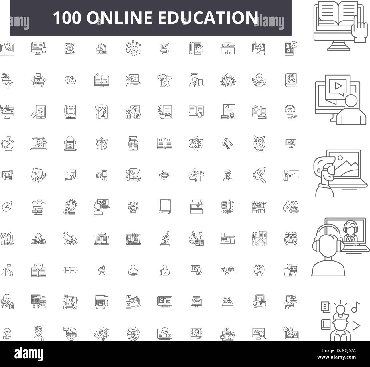 L'éducation en ligne, les icônes de ligne modifiable 100 vector set, collection. L'éducation en ligne contour noir illustrations, signes, symboles Illustration de Vecteur