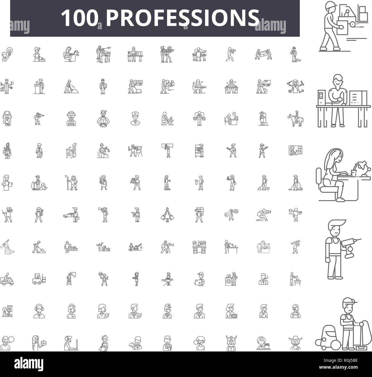Ligne modifiable Professions icônes, 100 vector set, collection. Professions libérales contour noir illustrations, signes, symboles Illustration de Vecteur
