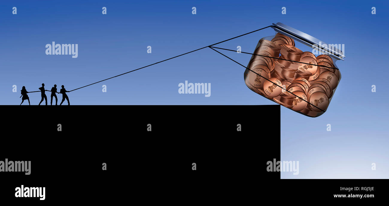 Avoir sur votre épargne, pas le dépenser, est illustré par un groupe de personnes qui se profile tirant une corde pour sauver un penny pot de tomber. C'est Banque D'Images