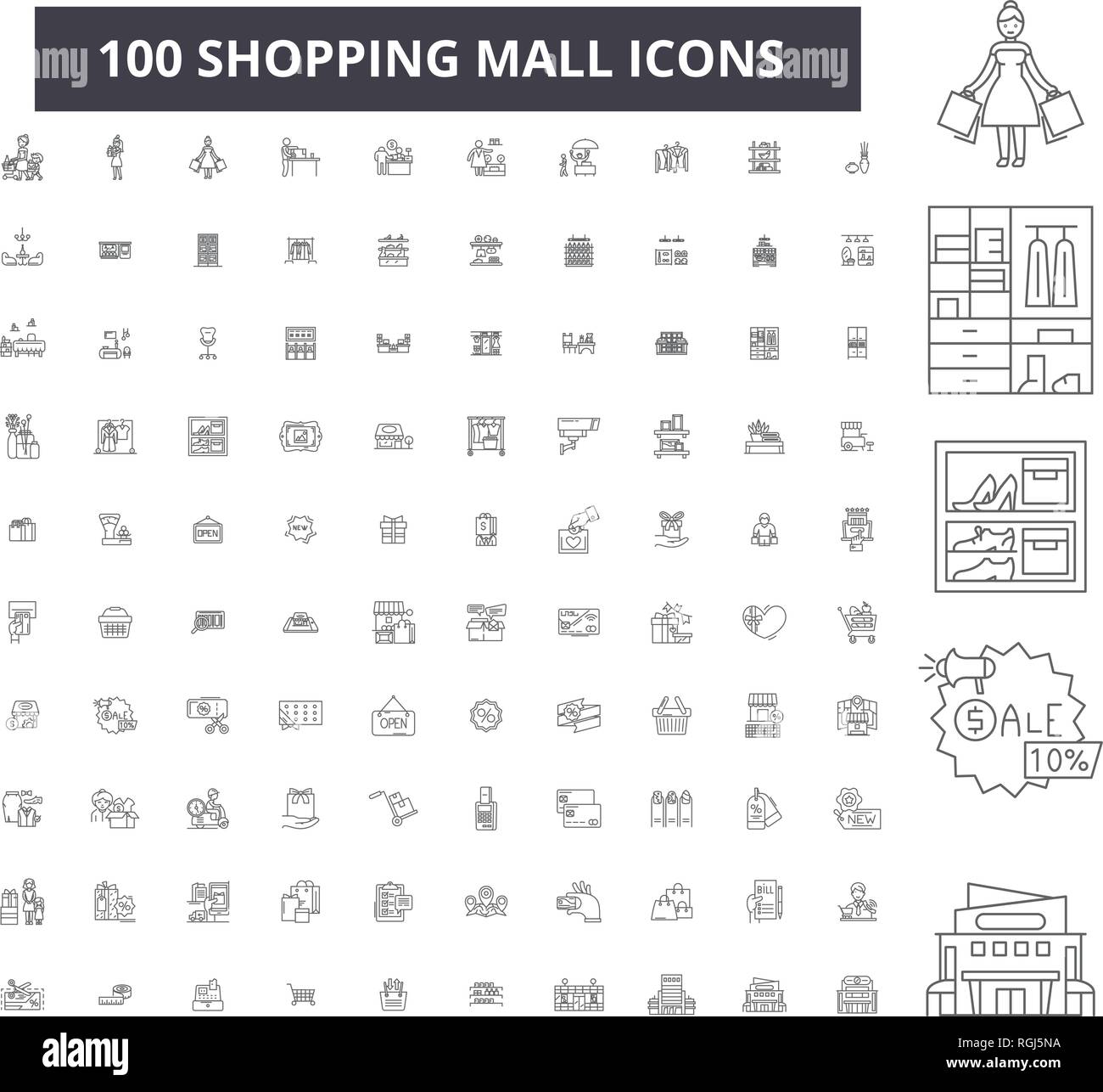 Shopping Mall, 100 icônes ligne modifiable vector set, collection. Shopping mall contour noir illustrations, signes, symboles Illustration de Vecteur