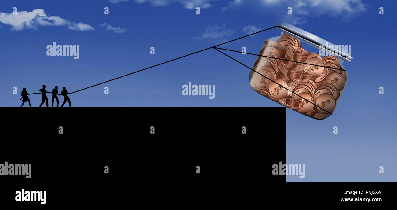 Avoir sur votre épargne, pas le dépenser, est illustré par un groupe de personnes qui se profile tirant une corde pour sauver un penny pot de tomber. C'est Banque D'Images
