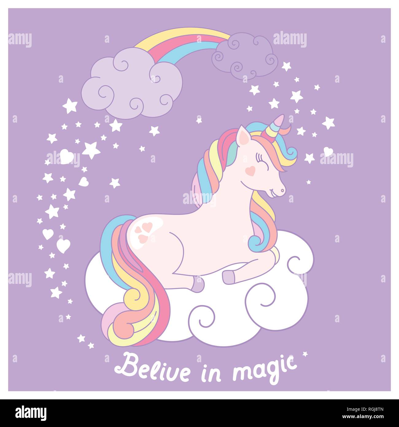 Hand drawn vector cartoon cute card avec UNICORN. Illustration de Vecteur