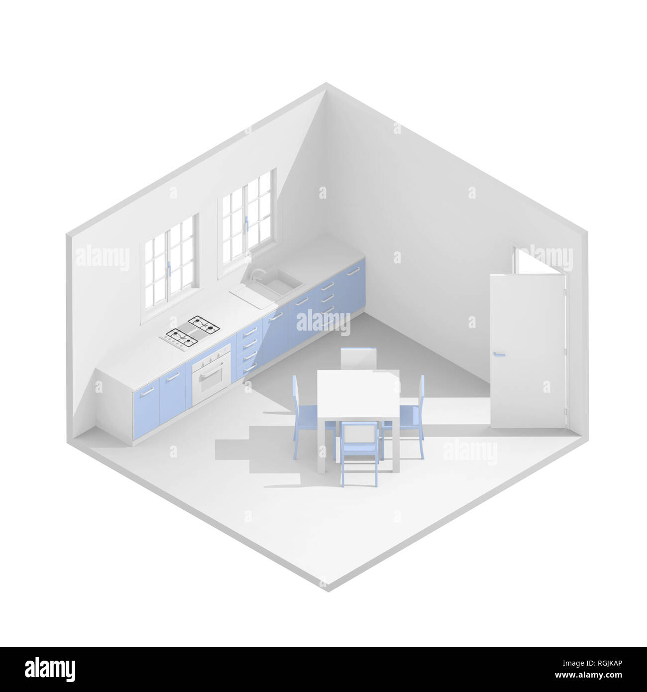 Le rendu 3D isométrique illustration de meublé bleu cuisine domestique Banque D'Images