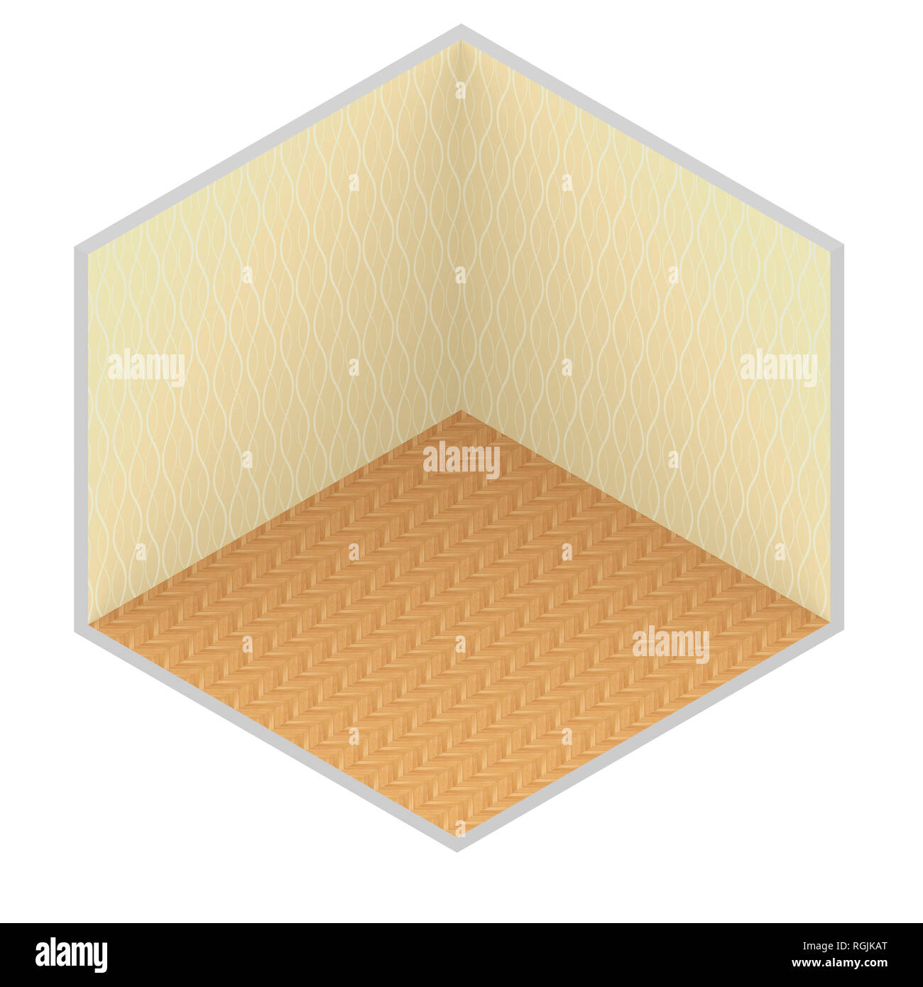 Le rendu 3D isométrique illustration de salle vide avec plancher en bois et papier peint jaune Banque D'Images