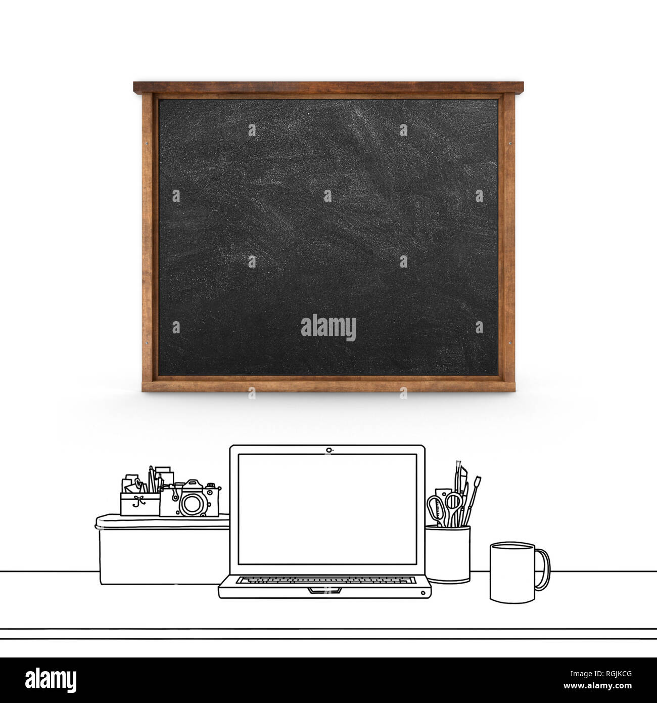 Le rendu 3D Illustration d'esquisse de blank blackboard et ordinateur portable avec appareil photo Banque D'Images