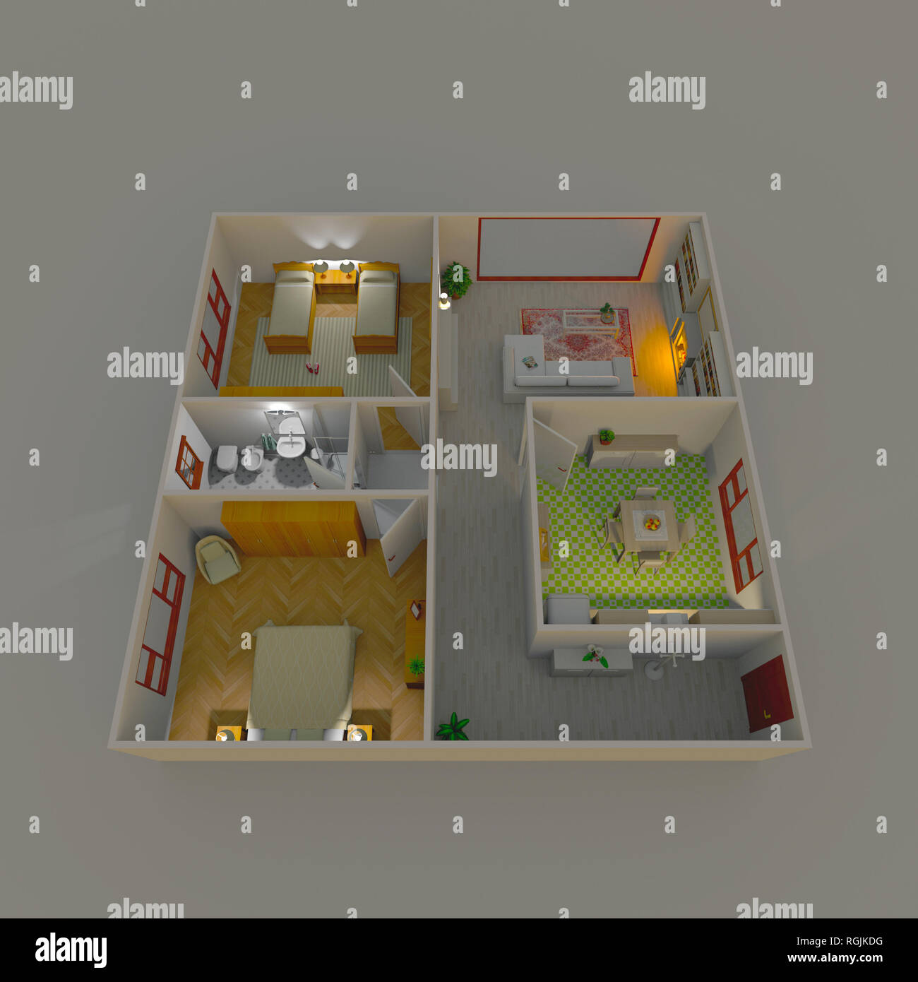 Le rendu 3d illustration de l'intérieur de l'appartement meublé accueil Banque D'Images