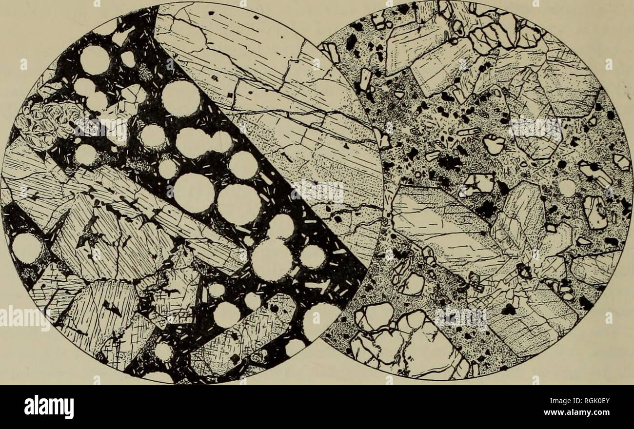 . Bulletin of the British Museum (Natural History), la minéralogie. 64 À PARTIR DE ROCHES VOLCANIQUES DES ILES DU Cap-vert R.I. sont légèrement plus élevés que dans d'autres spécimens et l'olivine a la plus haute valeur Fa observées dans la présente série d'observations (p. 58). [562] est une phase III de basalte l'est chff à Tarrafal, S. Antao. De nombreux grands pyroxènes et d'olivine serpentinisée en partie se trouvent dans un contenant opaque base presque vitreux microlites de labradorite et de pyroxène.. a b Fig. 15. Les basaltes à olivine. [A) F.falaise,Tarrafal, S. Antao [562]. {B) R. Areia Branca, S. Vicente [587] Le dernier de ces dike Banque D'Images