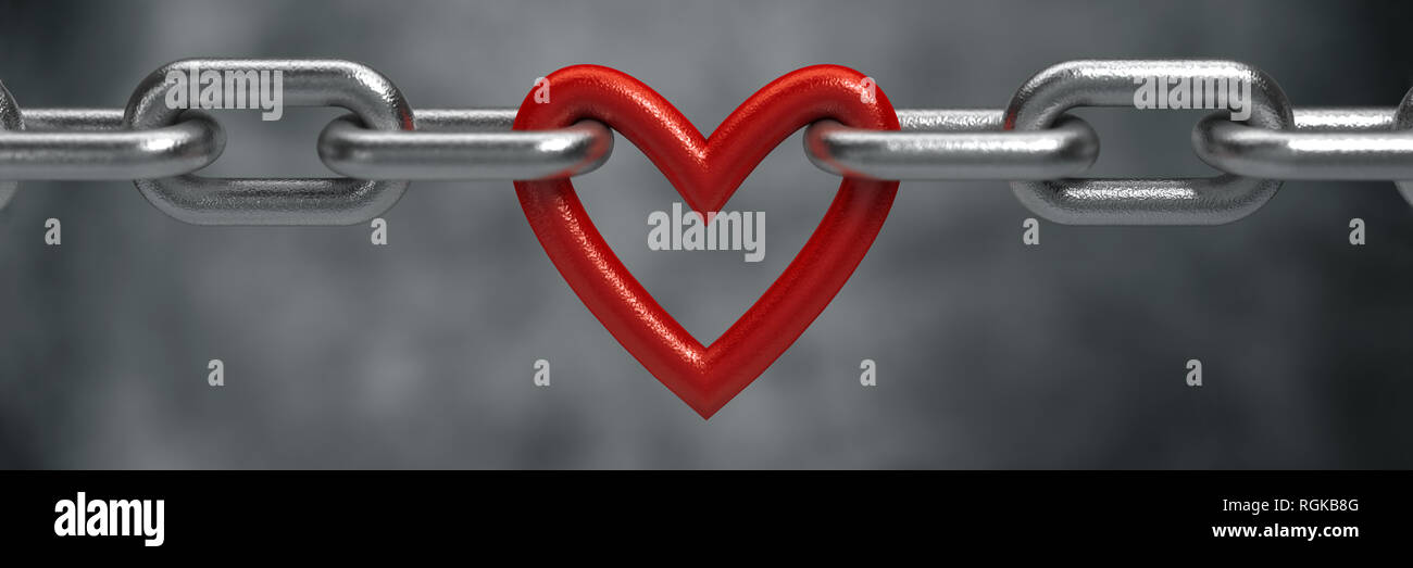 Coeur rouge tenu par une chaîne en acier background Banque D'Images