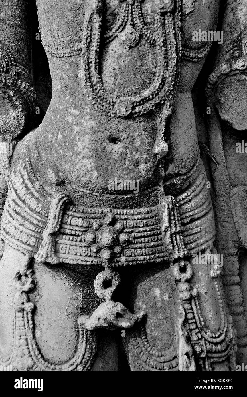 Idoles magnifiquement sculptés sur la paroi extérieure du Temple, Bhuleshwar Yawat, Maharashtra, Inde Banque D'Images