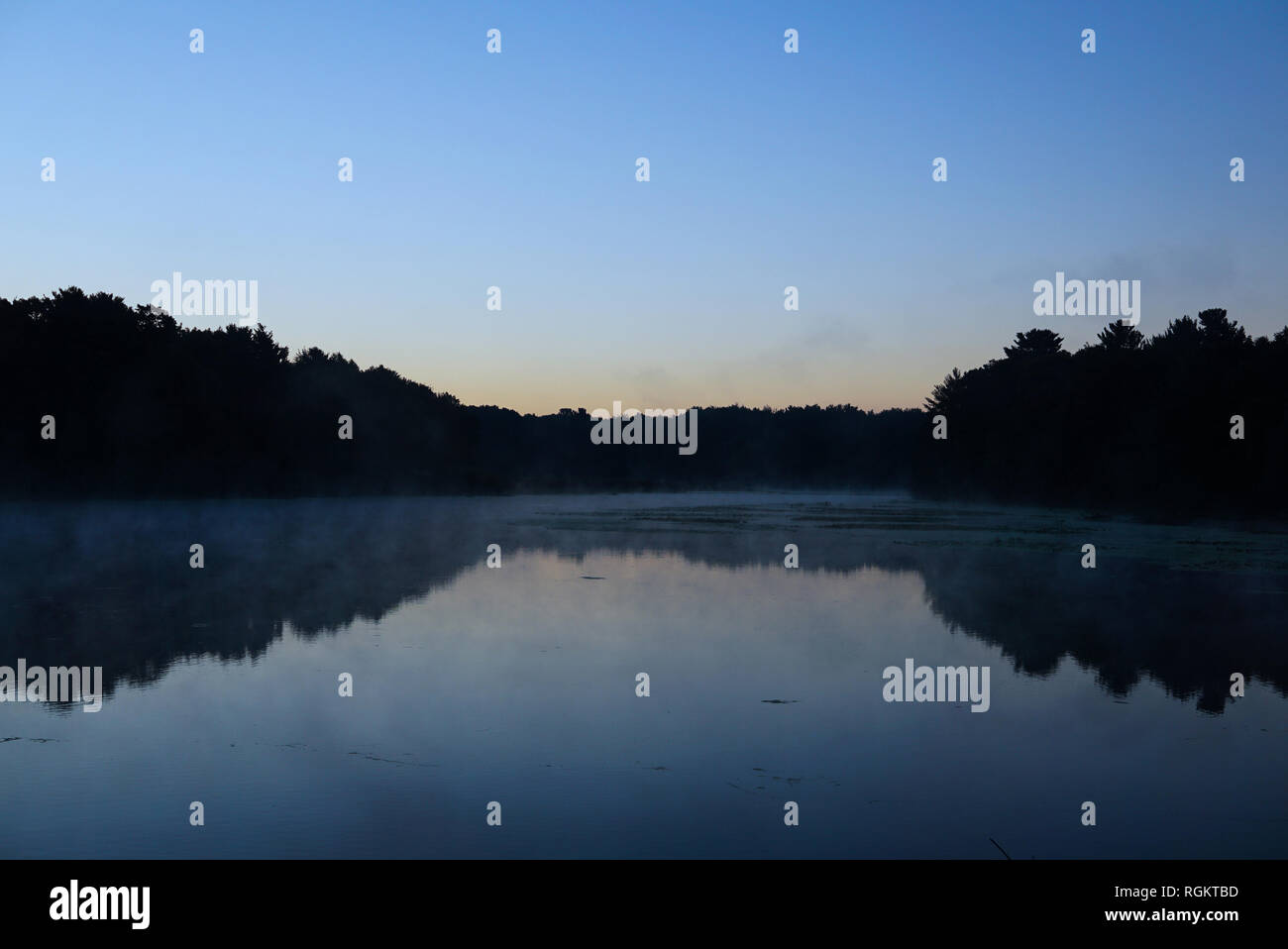 Matin brumeux sur un étang calme. L'eau calme reflète la silhouette sombre de la forêt. USA, État du Michigan. Banque D'Images