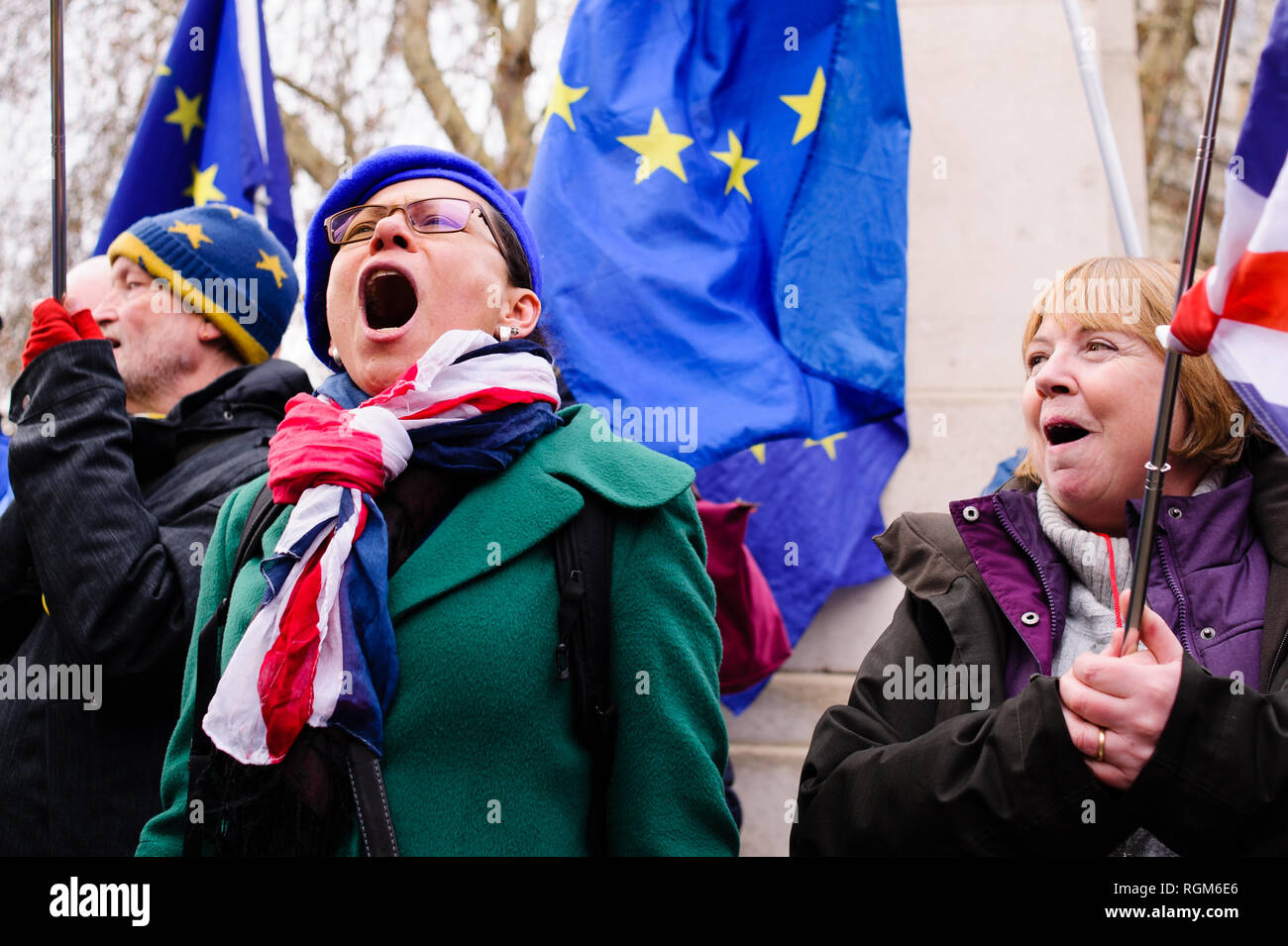 Les opposants du Brexit manifester devant les Chambres du Parlement, au centre de Londres. Dans les communes, un jour de grande activité parlementaire plus Brexit, les députés ont rejeté une contre-partie d'amendement du député du Parti du Travail Yvette Cooper et Conservateur MP Nick Boles conçu pour réduire considérablement le risque d'un craint une "absence de deal' la sortie de l'UE. Un amendement rejetant le principe de non-deal sortie était entre-temps approuvé, comme c'était un amendement soutenu par le gouvernement conservateur de défendu par Graham Brady appelant à "d'autres dispositions' pour prendre la place de la controve Banque D'Images