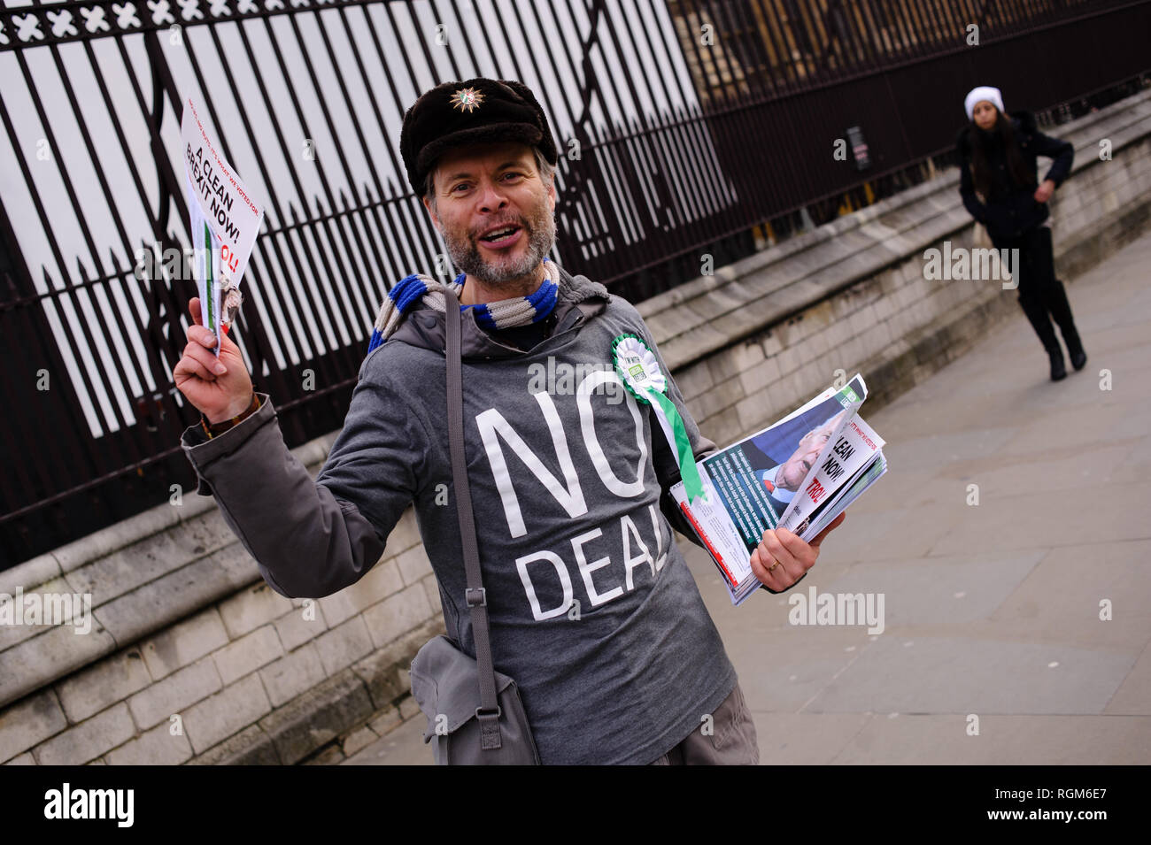 Un Brexit démontre à l'extérieur de l'partisan Chambres du Parlement, au centre de Londres. Dans les communes, un jour de grande activité parlementaire plus Brexit, les députés ont rejeté une contre-partie d'amendement du député du Parti du Travail Yvette Cooper et Conservateur MP Nick Boles conçu pour réduire considérablement le risque d'un craint une "absence de deal' la sortie de l'UE. Un amendement rejetant le principe de non-deal sortie était entre-temps approuvé, comme c'était un amendement soutenu par le gouvernement conservateur de défendu par Graham Brady appelant à "d'autres dispositions' pour prendre la place de la controve Banque D'Images