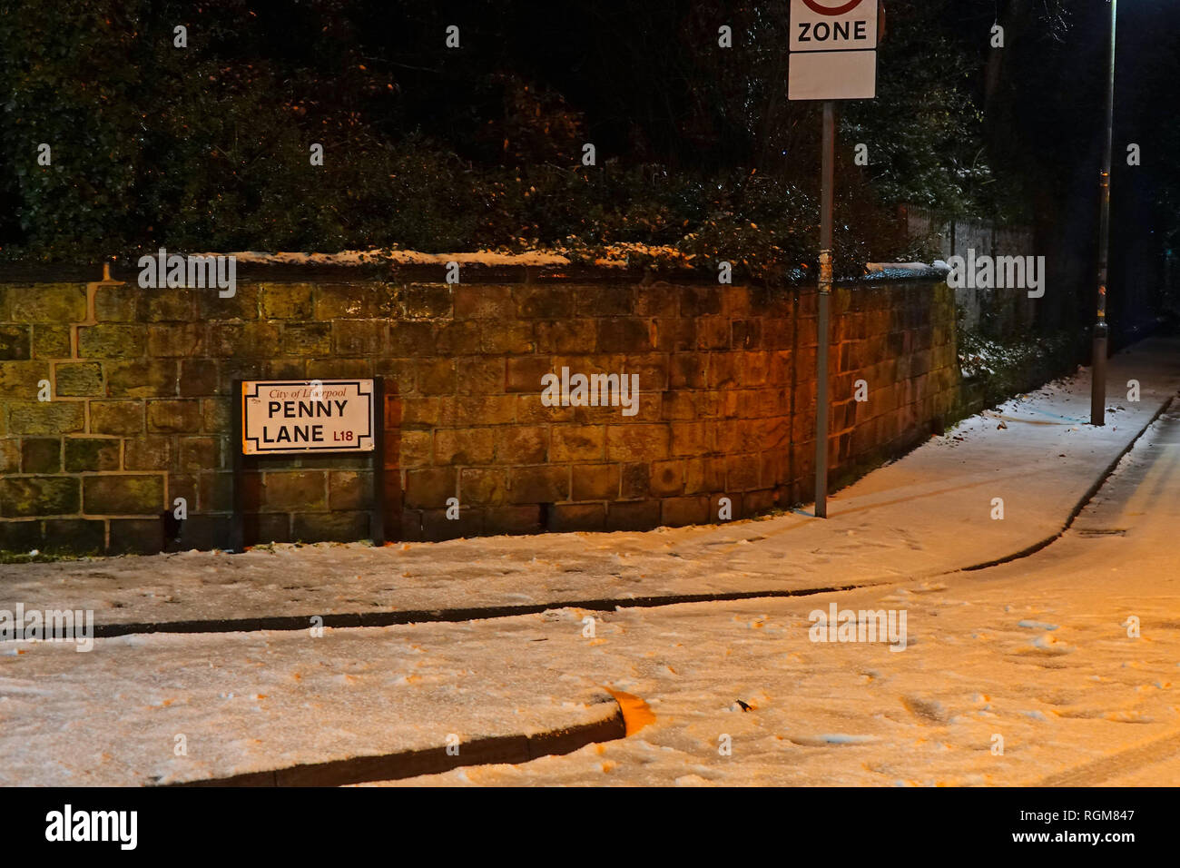 Liverpool, Royaume-Uni. 30 janvier 2019. Fortes chutes de neige sur Penny Lane Liverpool UK. Credit : Ken Biggs/Alamy Live News. Banque D'Images