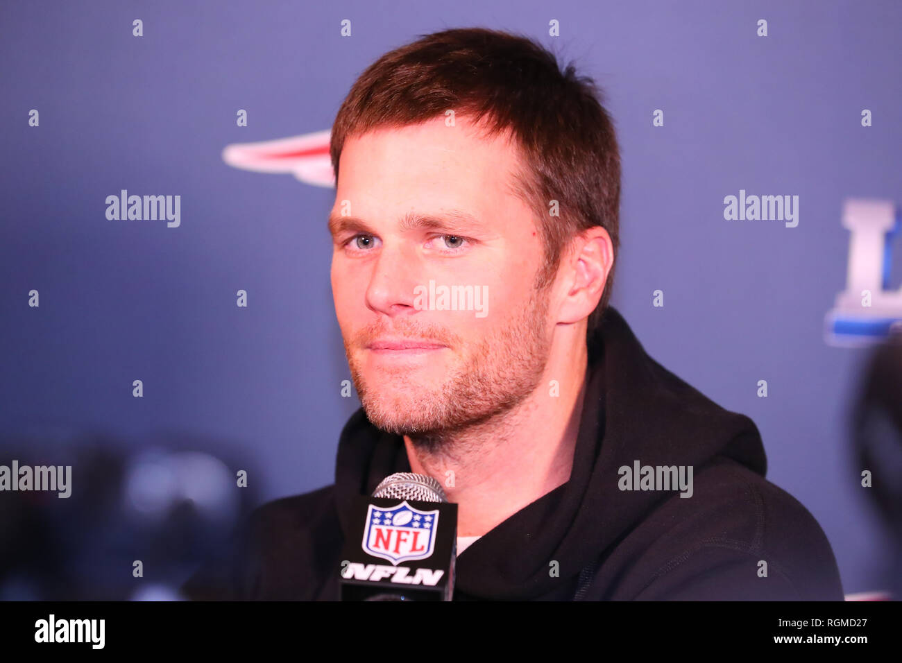 Patriots' quarterback Tom Brady is interviewed by media during Media Day  for Super Bowl XLII at the University of Phoenix Stadium in Glendale, AZ,  on Jan. 29, 2008. Photo by Francis Specker