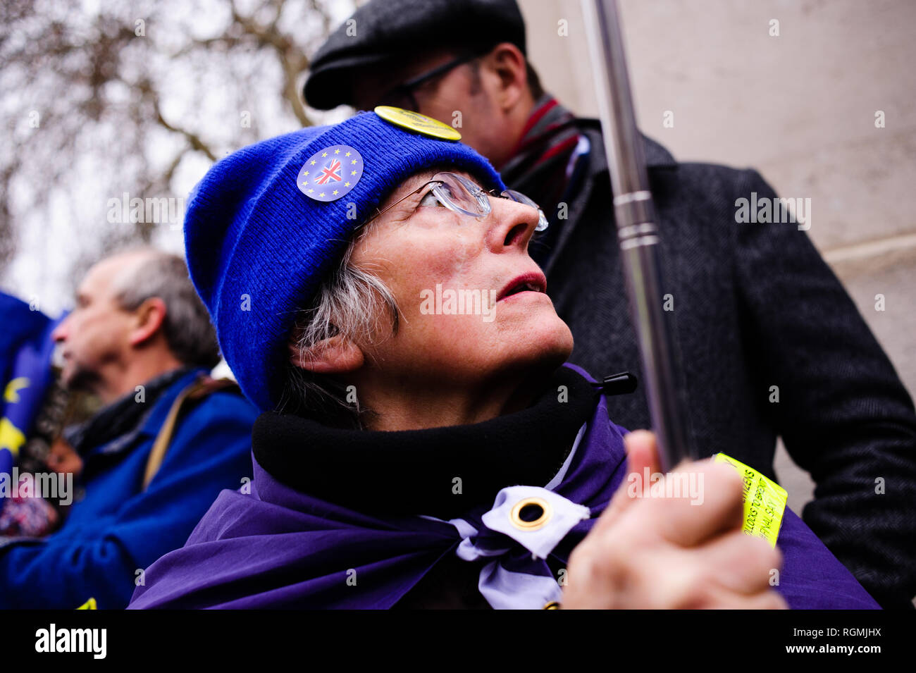 Militants Anti-Brexit manifester devant le Palais de Westminster au centre de Londres. Dans les communes, un jour de grande activité parlementaire plus Brexit, les députés ont rejeté une contre-partie d'amendement du député du Parti du Travail Yvette Cooper et Conservateur MP Nick Boles conçu pour réduire considérablement le risque d'un craint une "absence de deal' la sortie de l'UE. Un amendement rejetant le principe de non-deal sortie était entre-temps approuvé, comme c'était un amendement soutenu par le gouvernement conservateur de défendu par Graham Brady appelant à "d'autres dispositions' pour prendre la place de l'contro Banque D'Images