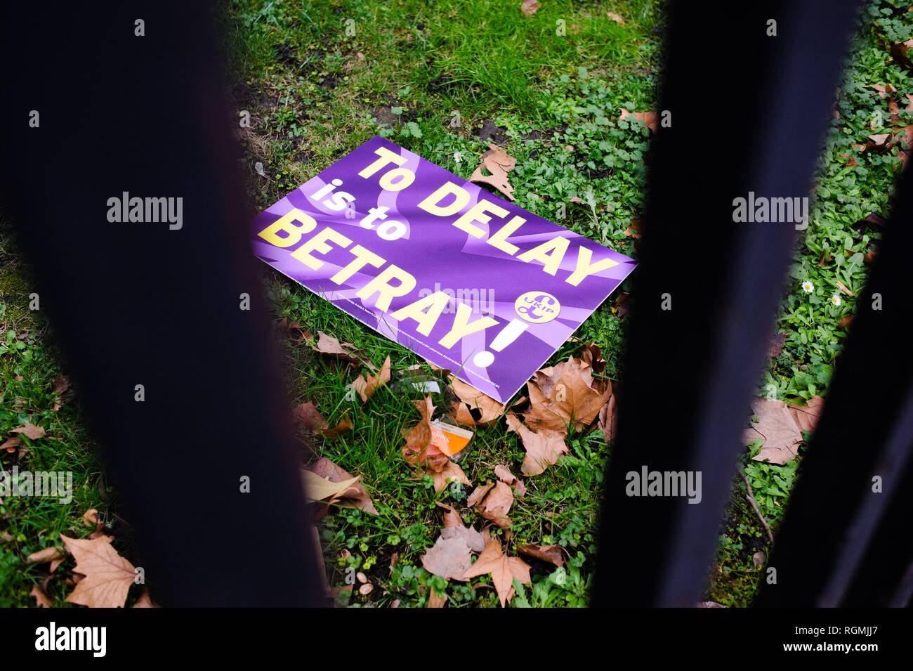 Un Brexit pro-placard par le United Kingdom Independence Party (UKIP) se trouve sur le sol en face du Palais de Westminster au centre de Londres. Dans les communes, un jour de grande activité parlementaire plus Brexit, les députés ont rejeté une contre-partie d'amendement du député du Parti du Travail Yvette Cooper et Conservateur MP Nick Boles conçu pour réduire considérablement le risque d'un craint une "absence de deal' la sortie de l'UE. Un amendement rejetant le principe de non-deal sortie était entre-temps approuvé, comme c'était un amendement soutenu par le gouvernement conservateur de défendu par Graham Brady appelant à "altern Banque D'Images