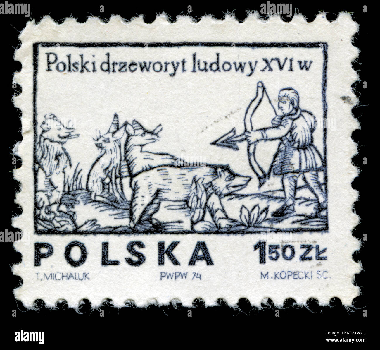 Timbre-poste de la Pologne dans les dessins du 16e siècle bois gravés série émise en 1974 Banque D'Images