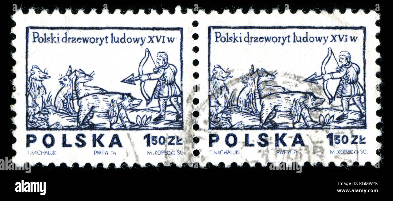 Timbre-poste de la Pologne dans les dessins du 16e siècle bois gravés série émise en 1974 Banque D'Images