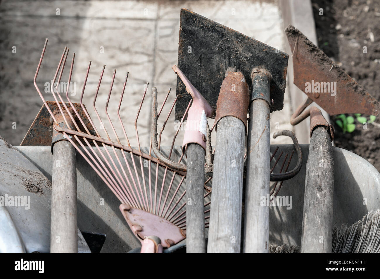 Un ensemble d'outils de jardin sale vieux utilisé, un râteau, pelles, binettes dans une brouette , close-up Banque D'Images