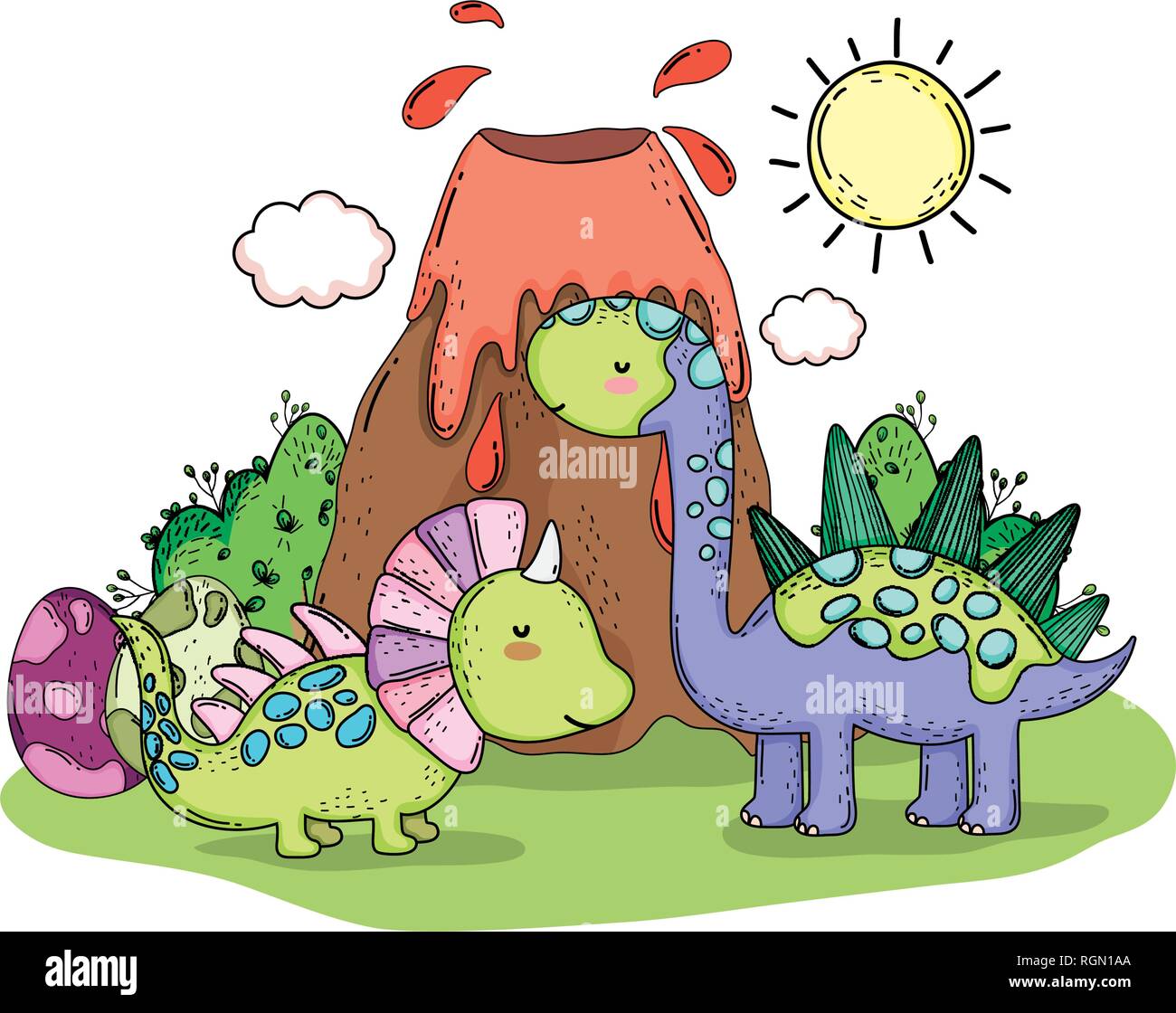 Dinosaure Mignon Avec Paysage Volcan Image Vectorielle Stock Alamy