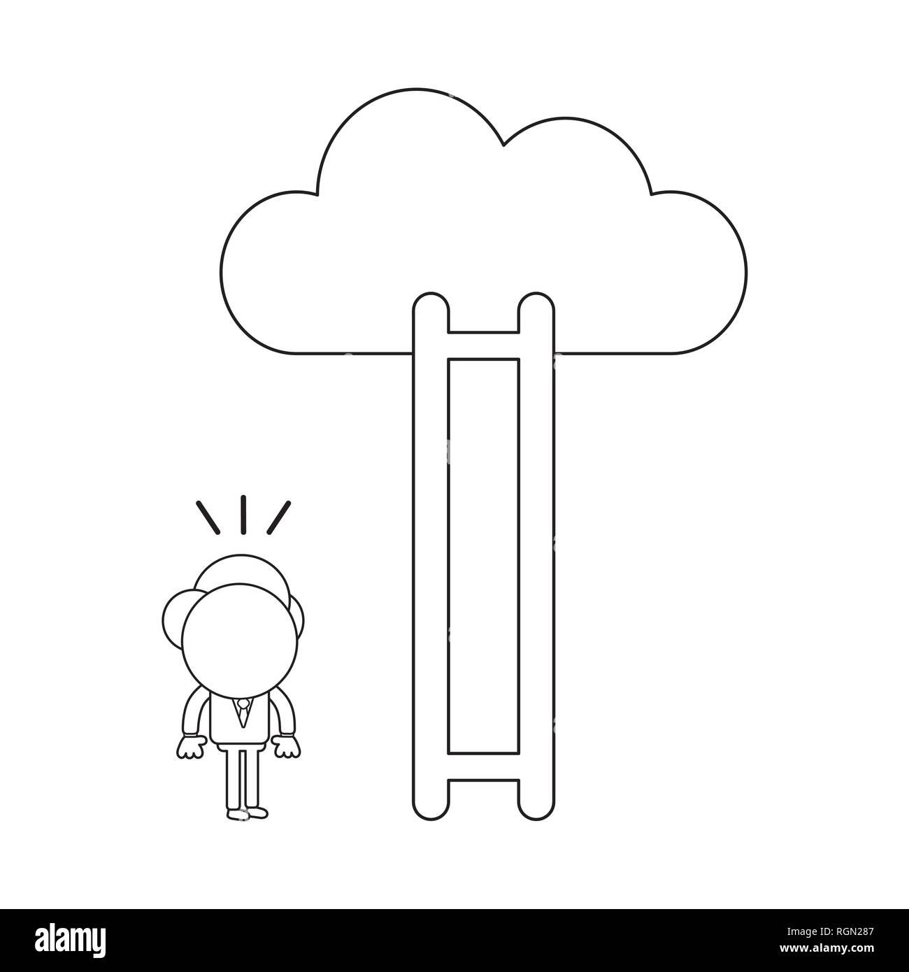 Homme d'affaires à caractère d'illustration vectorielle, échelle en bois avec étapes manquantes pour atteindre les nuages. Contour noir. Illustration de Vecteur