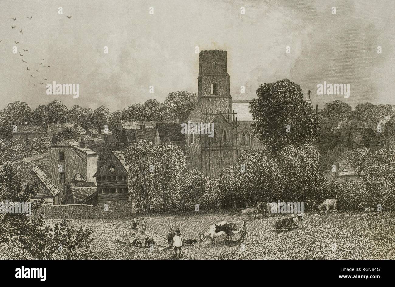 Reino Unido. Inglaterra. Dorking. Ciudad en El Condado de Surrey. Vista de la antigua Iglesia parroquial de San Martín (St. Martin's Church) antes de la construcción, en el siglo XIX, de una nueva aguja y Torre. Es una iglesia anglicana que se remonta a la Edad Media. Gravure por Josiah Henshall (1801 ? -1869) a partir de un estudio original de James C. Allen (1821-1833). 'London et ses environs", h. 1840 (Londres y sus Alrededores). Biblioteca Histórico Militar de Barcelone, Catalogne, Espagne. Banque D'Images