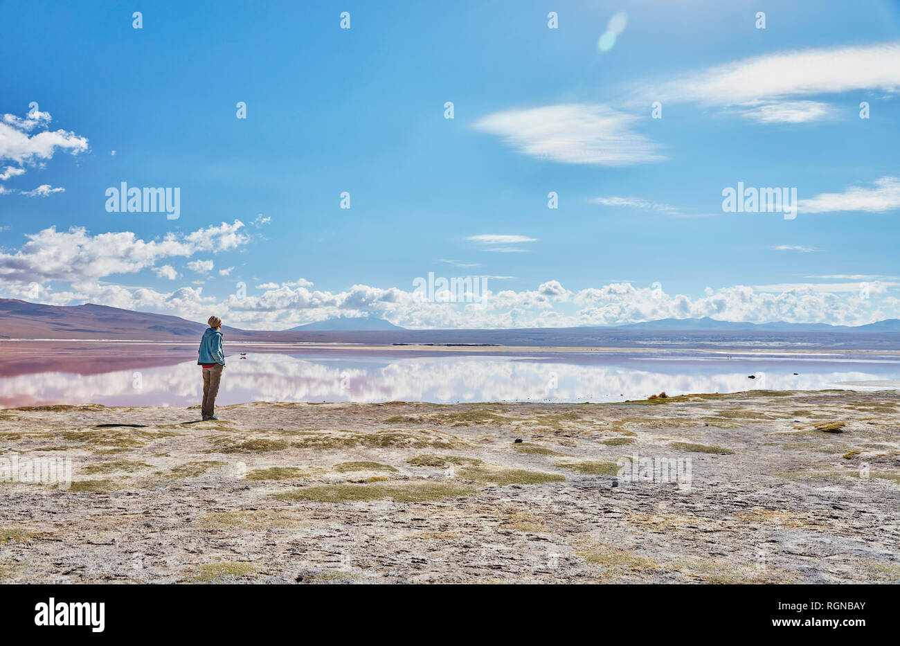 La Bolivie, Laguna Colorada, femme debout au lakeshore looking at view Banque D'Images
