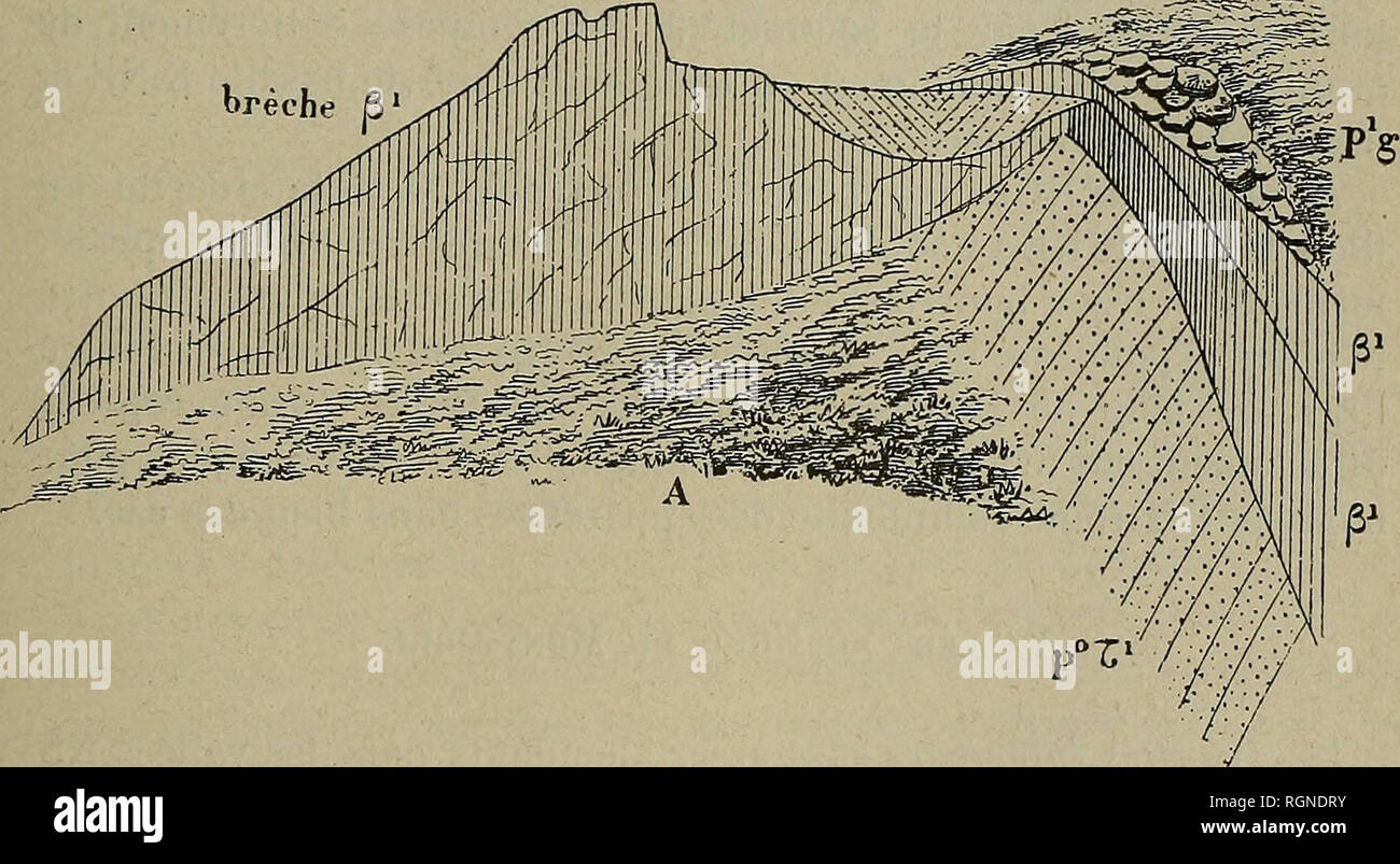 . Bulletin de la Société géologique de France. La géologie. 1890 MICÃEL LÃVY. "LE MONT-DÃRà 771 chit et descendre, en ravinant la cinérite suivant une pente de plus de 25° ; d'énormes blocs erratiques de trachyte ont été portés par les glaces sur ce basalte p^ (Fig. 42). Nous allons insister sur une série plus difficile qui divergent des environs de Beaune, et de la Dent du Marais (Saut de la Pucelle), pour aboutir au-dessus de Murols et lancer une digitation le long du plateau au nord de St-Nectaire. Nous nous représentons la Dent du Marais comme une des bouches de sortie de ce vaste plate Banque D'Images